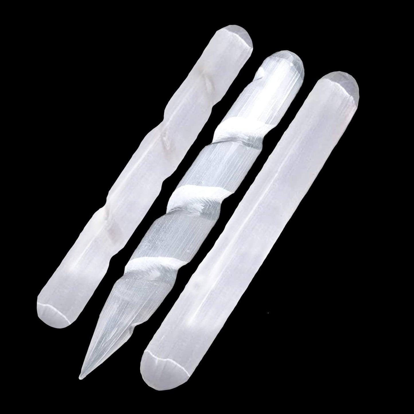 WBM Selenite Crystal Wand - 4 Inch, Crystals and Healing Stones 2 Spiral and 1 Massage Wand |Witchcraft| Reiki, Chakra Powerful Energy Balance for Smudging Healing and Meditation