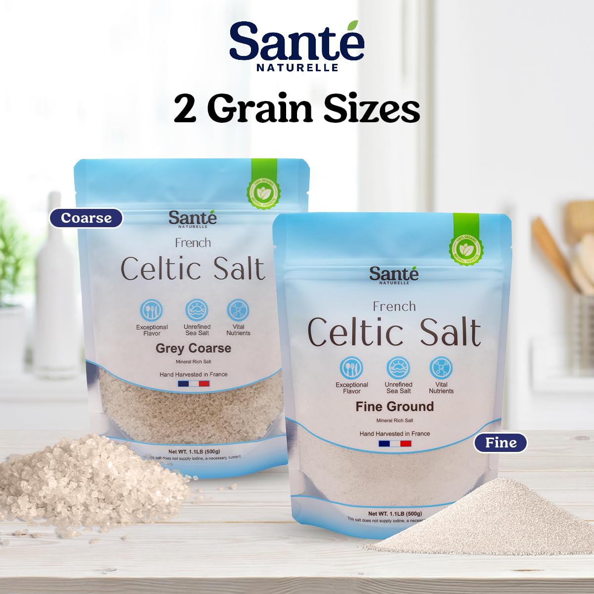 Sante Fine Ground Sea Salt From the Celtic Sea - 1.1lb (18oz) Unrefined French Sea Salt Organic, Rich in 82+ Minerals Salt, 100% Natural & Hand Harvested Sal Celtica
