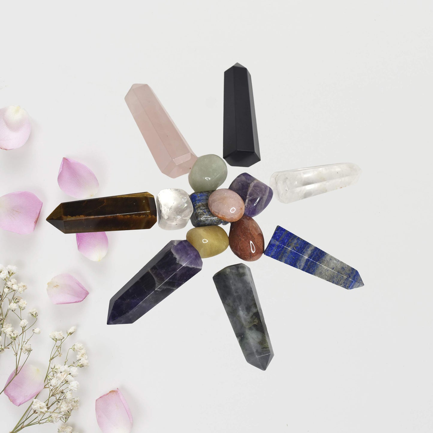 VRIJAN Crystals .Crystals and Healing Stones, Crystal Healing Ornaments. All 7 Chakra Wands with Tumbled Stones Crystals Set of 14