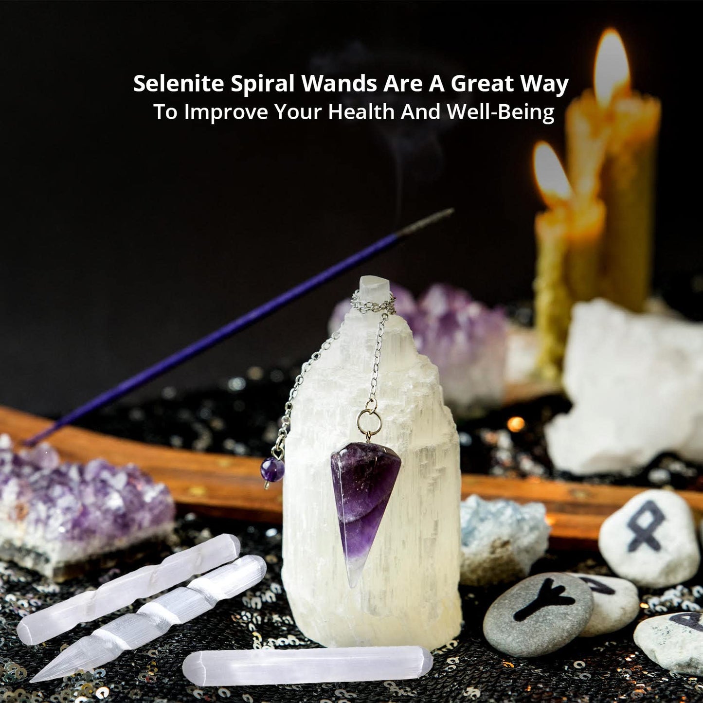 WBM Selenite Crystal Wand - 4 Inch, Crystals and Healing Stones 2 Spiral and 1 Massage Wand |Witchcraft| Reiki, Chakra Powerful Energy Balance for Smudging Healing and Meditation