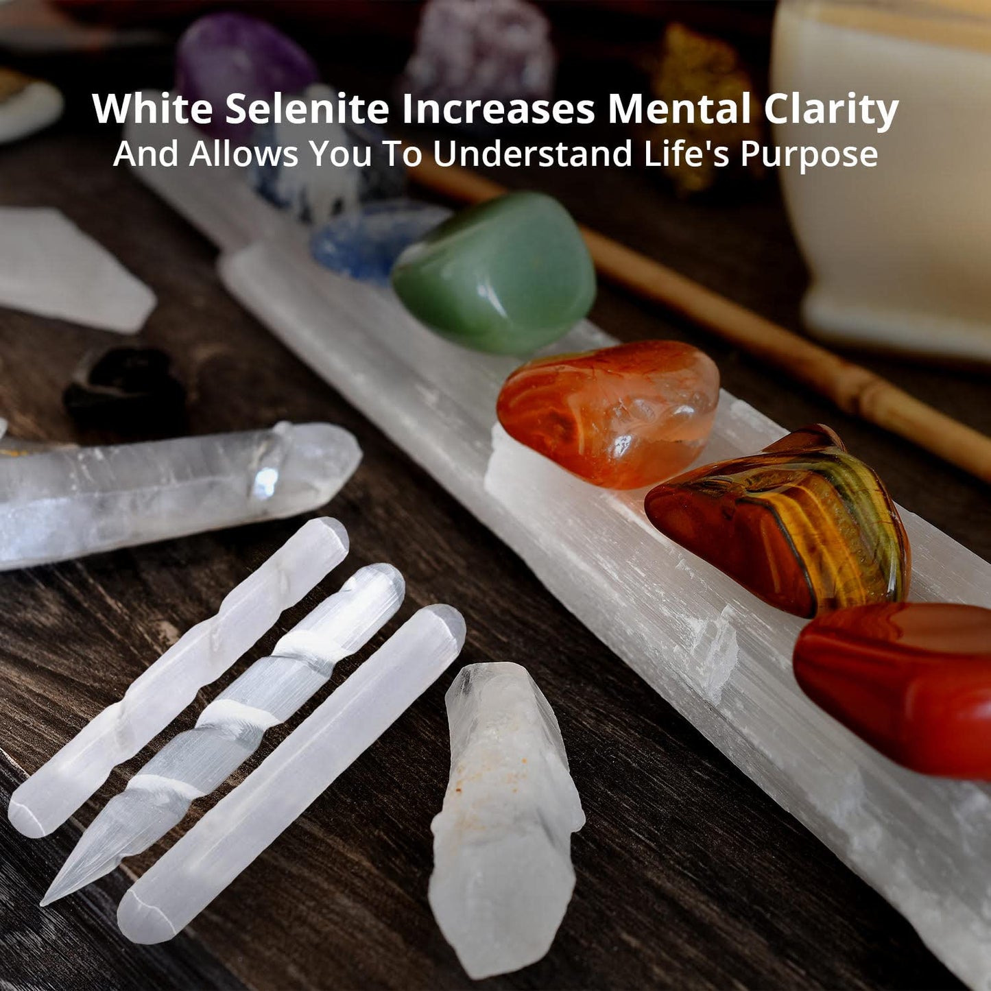 WBM Selenite Crystal Wand - 4 Inch, Crystals and Healing Stones 2 Spiral and 1 Massage Wand |Witchcraft| Reiki, Chakra Powerful Energy Balance for Smudging Healing and Meditation