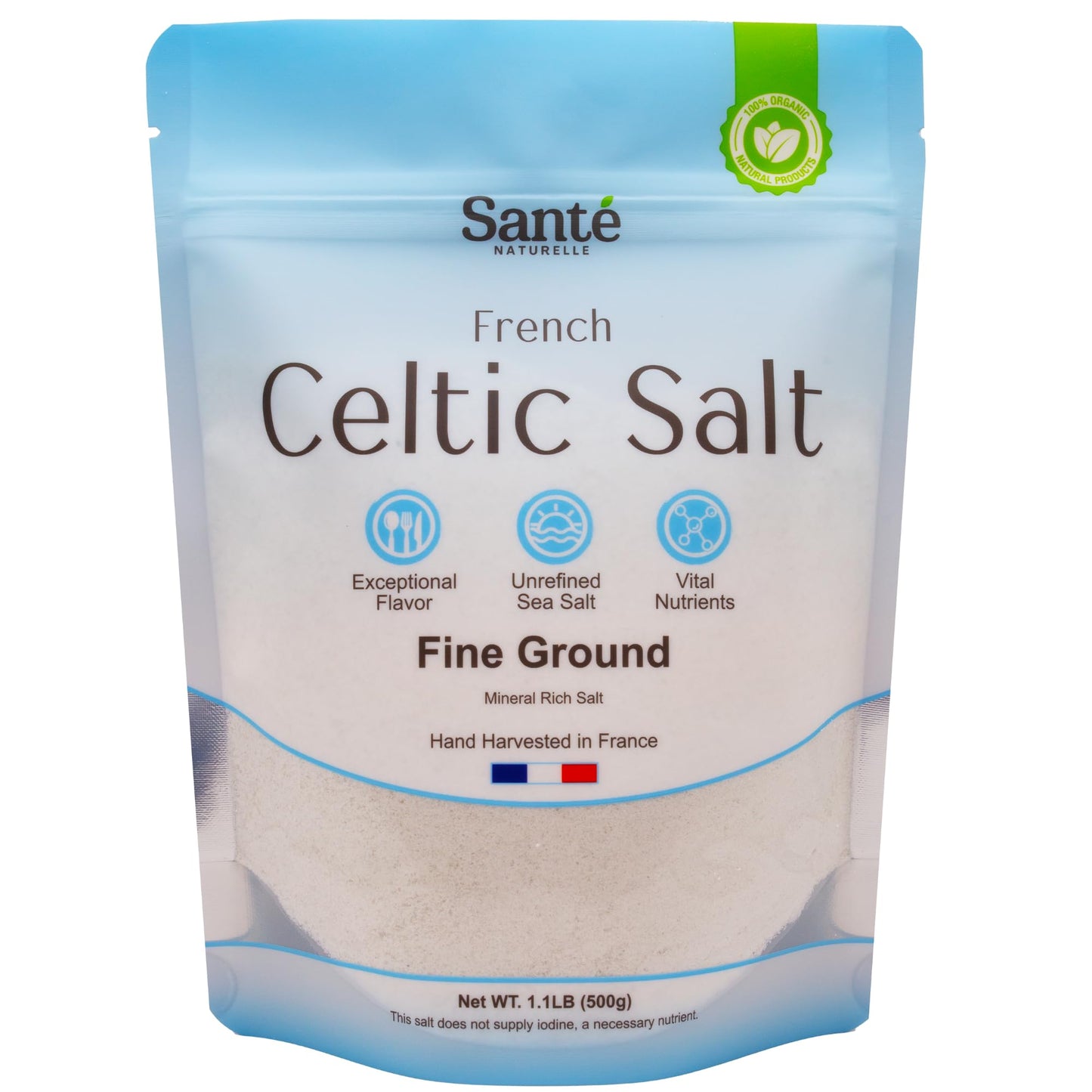Sante Fine Ground Sea Salt From the Celtic Sea - 1.1lb (18oz) Unrefined French Sea Salt Organic, Rich in 82+ Minerals Salt, 100% Natural & Hand Harvested Sal Celtica