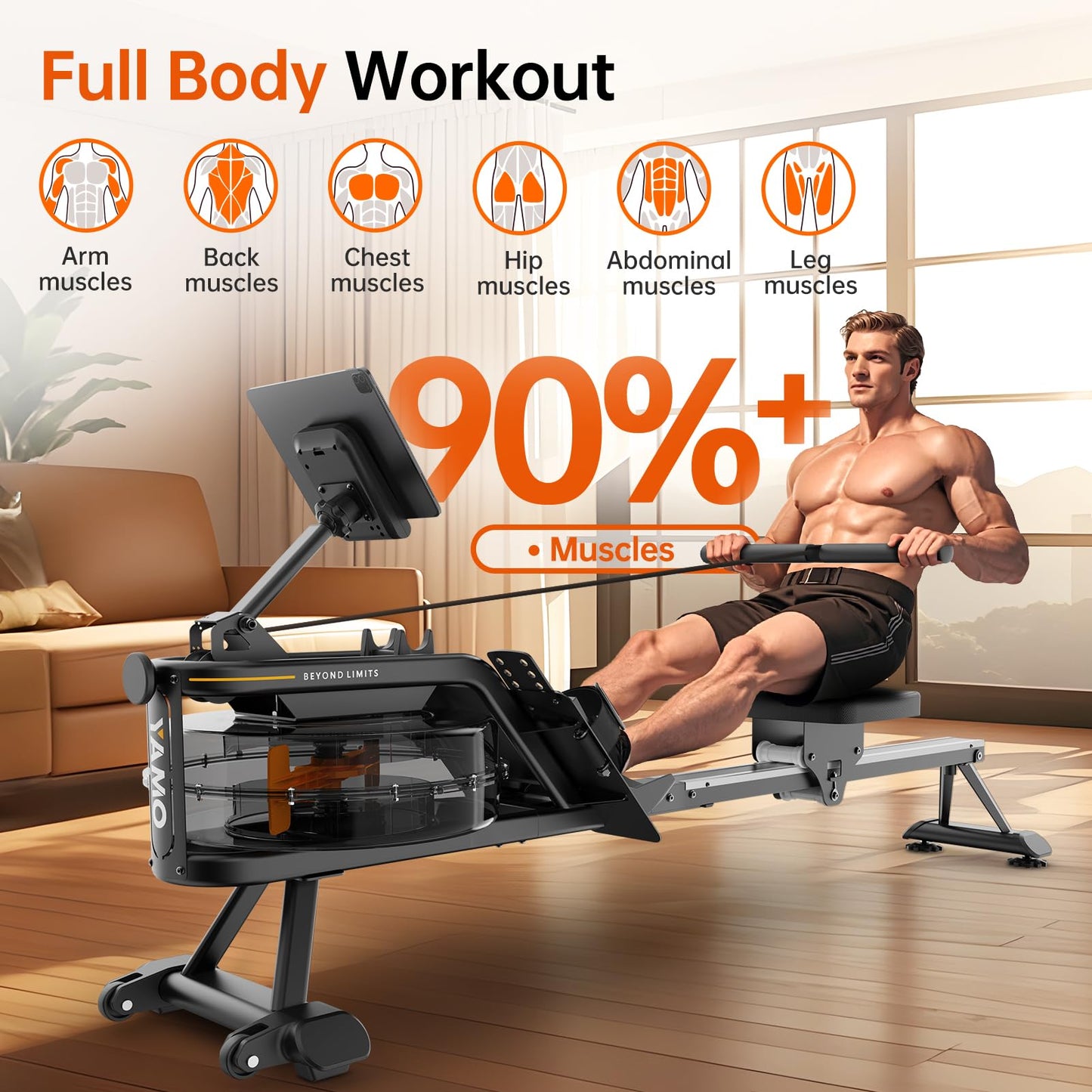 YAMO Rowing Machine for Home Water Rower with LCD Display Water Resistance Row Machine with 150 Kg Weight Capacity Rowing Machines with 44 Days Kinomap App Membership