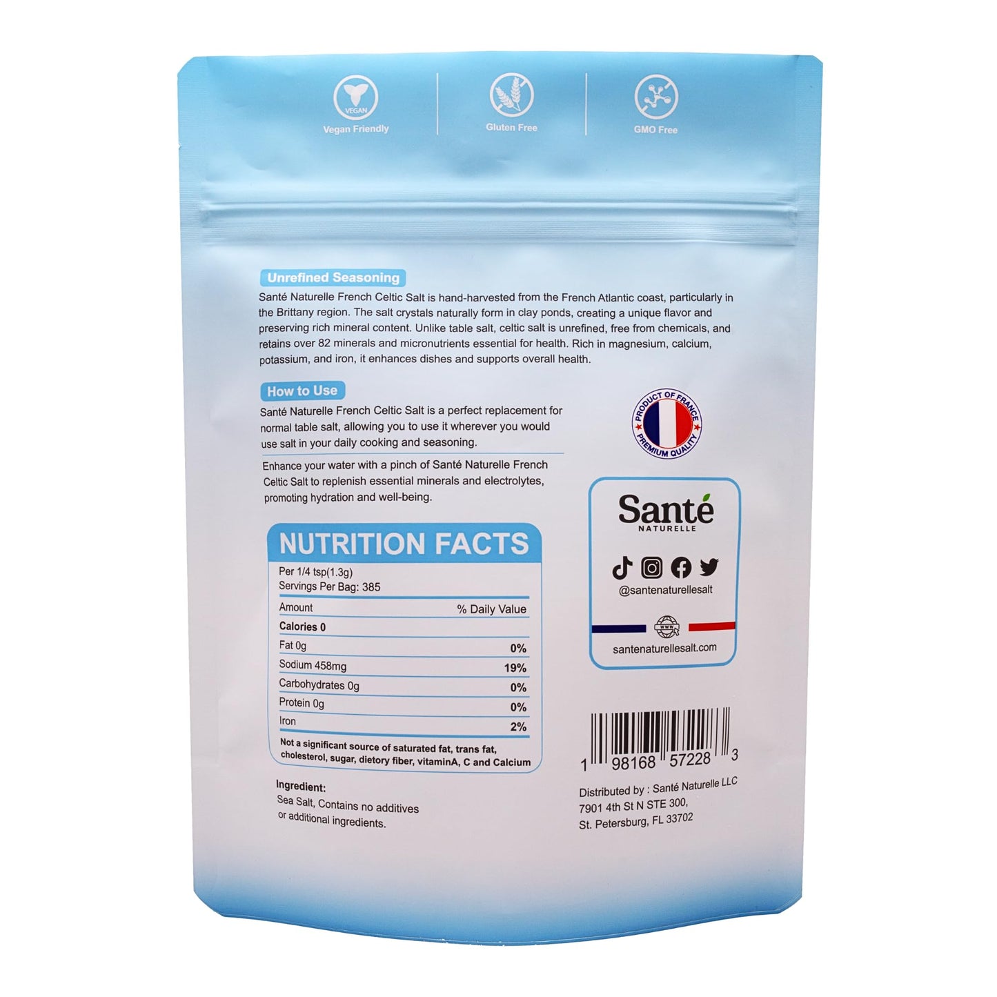 Sante Fine Ground Sea Salt From the Celtic Sea - 1.1lb (18oz) Unrefined French Sea Salt Organic, Rich in 82+ Minerals Salt, 100% Natural & Hand Harvested Sal Celtica