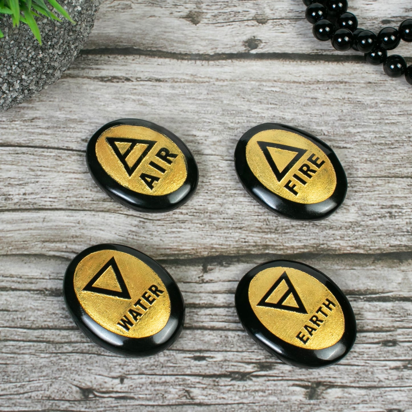 Crocon 4 Elements Black Tourmaline Stones Engraved Triangle Symbols (Earth Air Fire Water) Polished Palm Stones for Gemstone Reiki Crystals and Healing Stones Meditation Divination Tools Gifts