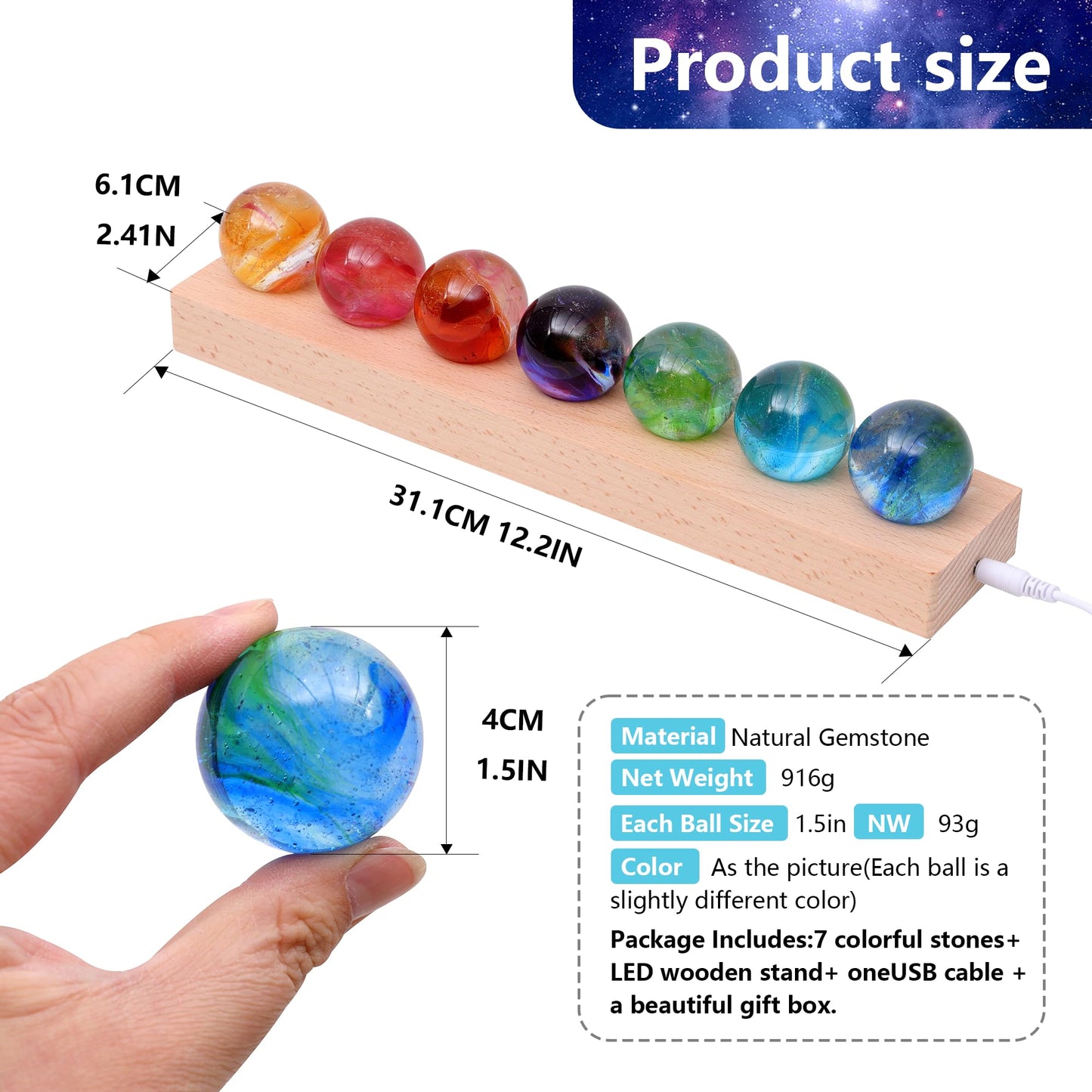7 Chakra Healing Crystals with LED Wooden Stand – 40mm Natural Gemstone Spheres for Meditation, Reiki, Energy Balance, Night Light & Spiritual Gift for Women Home Decor