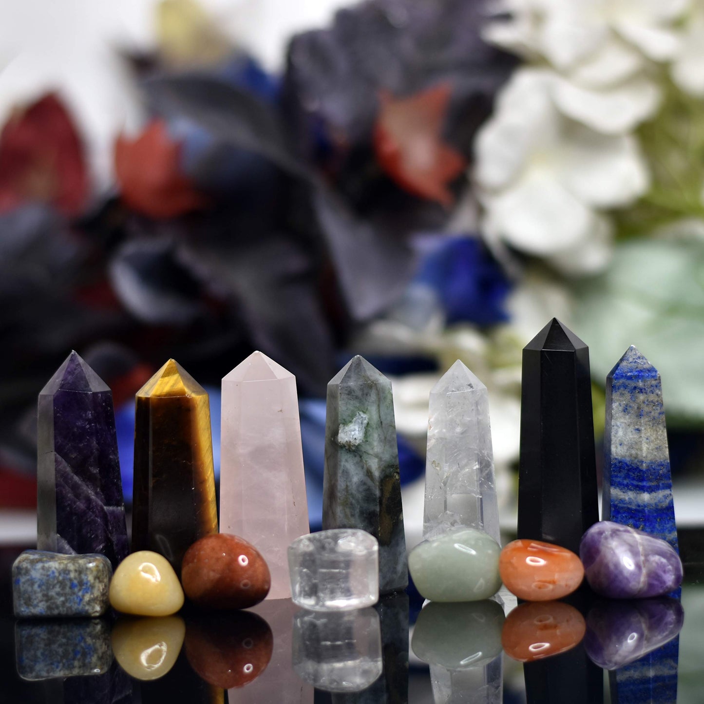 VRIJAN Crystals .Crystals and Healing Stones, Crystal Healing Ornaments. All 7 Chakra Wands with Tumbled Stones Crystals Set of 14