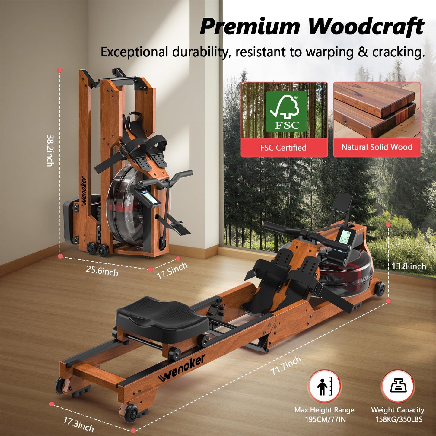 Water Rowing Machine for Home Use, WENOKER Wooden Foldable Rower Machine with Dedicated Monitor & Bluetooth APP, Large Water Tank & Comfortable Seat for Immersive Water Rower, 350LBS Weight Capacity