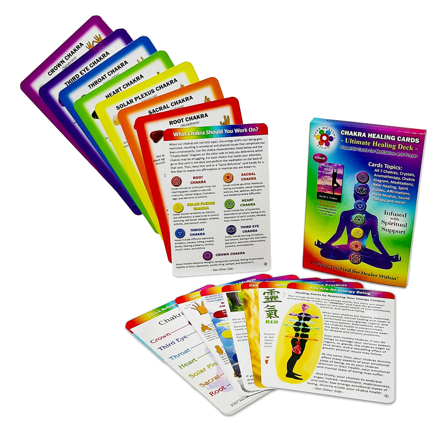 Deck of Chakra Healing Cards Helps Restore and Balance Your Energy with Meditations, Affirmations, Chakras Chart, Aromatherapy, Essential Oils, Reiki Symbols, Hand Mudras - (18) 4"x6" 2-Sided Cards
