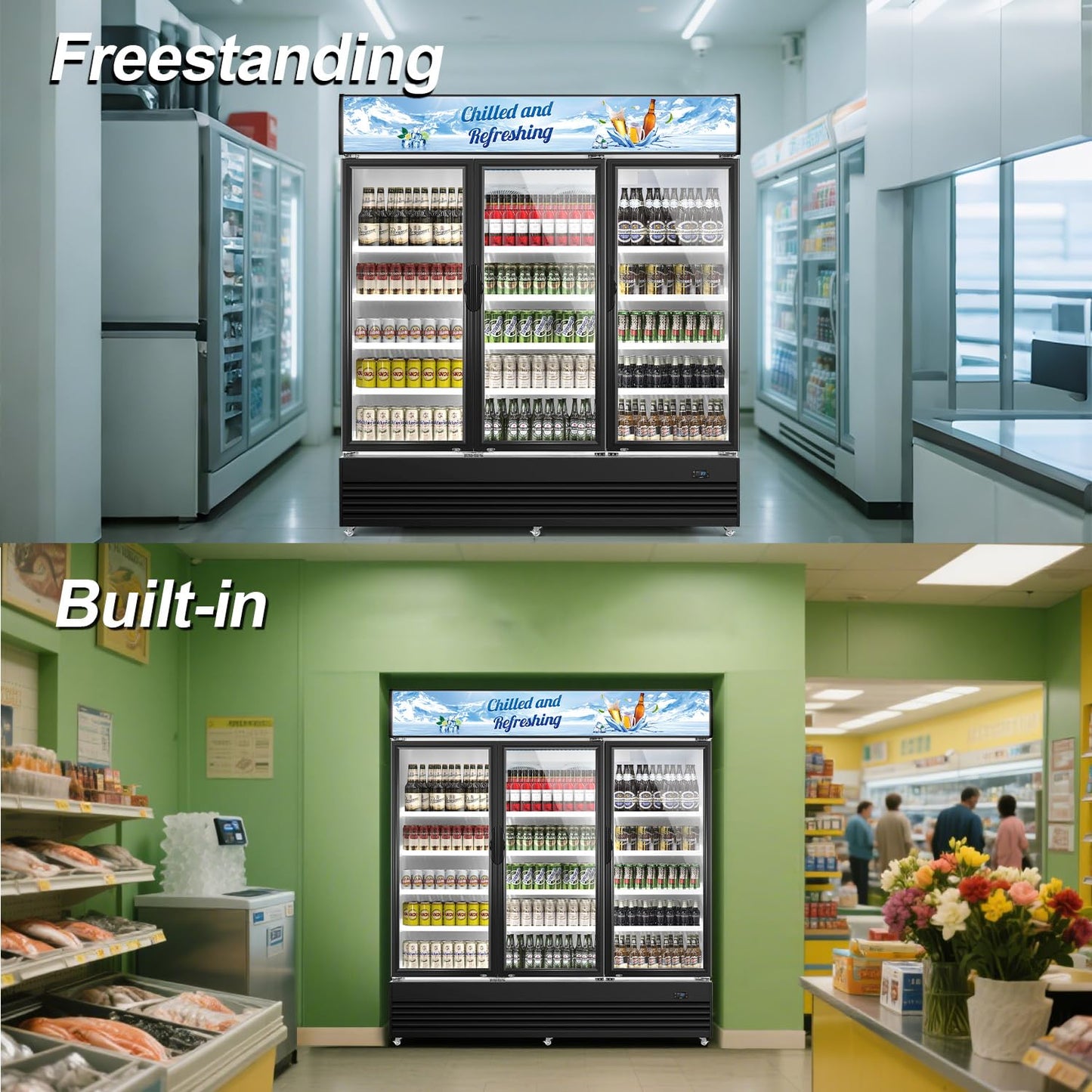 Tylza Commercial Refrigerator, Three Glass Door Display Beverage Fridge, 59.06 Cu Ft Upright Beverage Cooler Merchandiser with Replaceable Advertising Light Board, Rebound Door, Fast Cooling