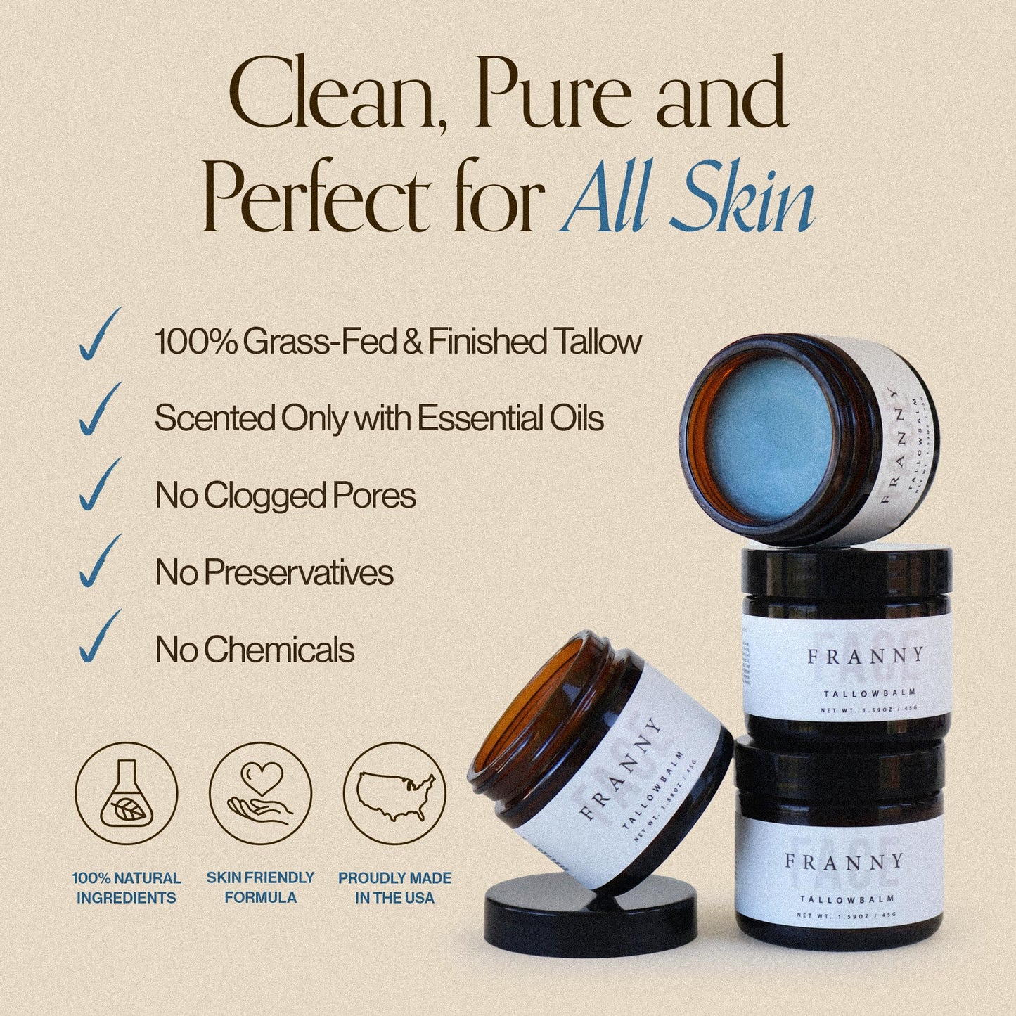 100% All Natural Grass Fed Beef Tallow for Skin & Face Moisturizer with Lavender, Jojoba & Blue Tansy - Made in USA Tallow Balm & Face Cream Lotion with Essential Oils for Daily Deep Nourishment 2oz