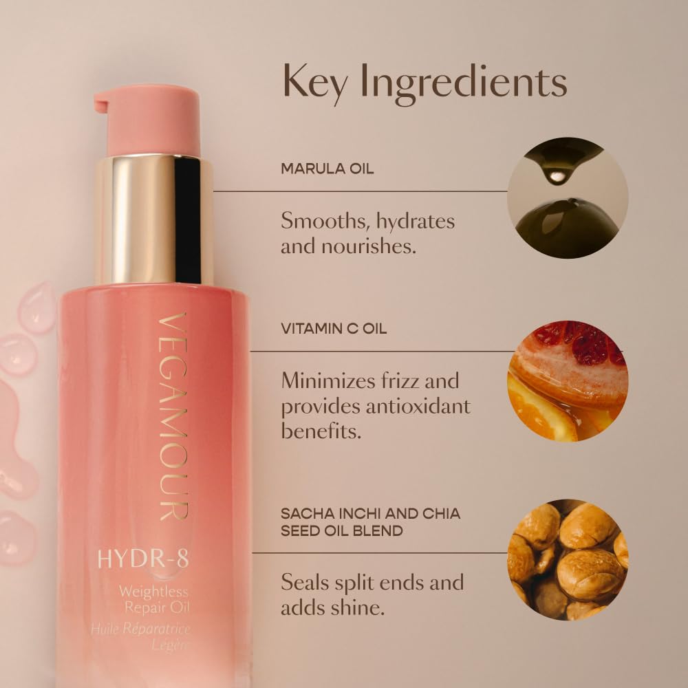 VEGAMOUR HYDR-8 Weightless Repair Oil | Strengthens, Smooths and Adds Shine with Marula Oil and Vitamin C | For All Hair Types | Formulated Without Silicones, Vegan and Cruelty-Free (1.7 Fl Oz)