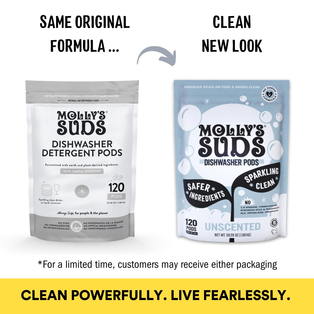 Molly's Suds Dishwasher Pods | Clean Dishwasher Detergent, Cuts Grease & Rinses Clean (Residue-Free) for Sparkling Dishes | 120 Auto-Release Tabs (Unscented)