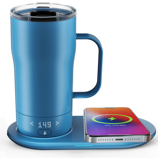 LEGARDLILIU Smart Self Heating Coffee Mug 18 Oz Temperature Control Heated Coffee Mug App Controlled Warmer Mug 5-10 Hour LED Display Keep Coffee Hot All Day Fast Wireless Charger Base Lake Blue