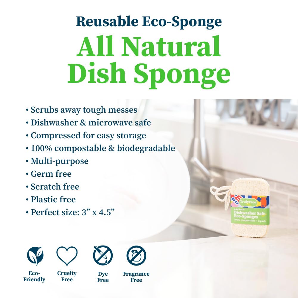 Truly Free Natural Cleaning Sponges, 100% Organic Luffa Dish Scrubber, Plant-Based Compostable Kitchen Dishwasher Sponge, Cleans Sink, Grout & Tile, Non Scratch Scouring Pad - 4.4 x 2.8 in, Pack of 3