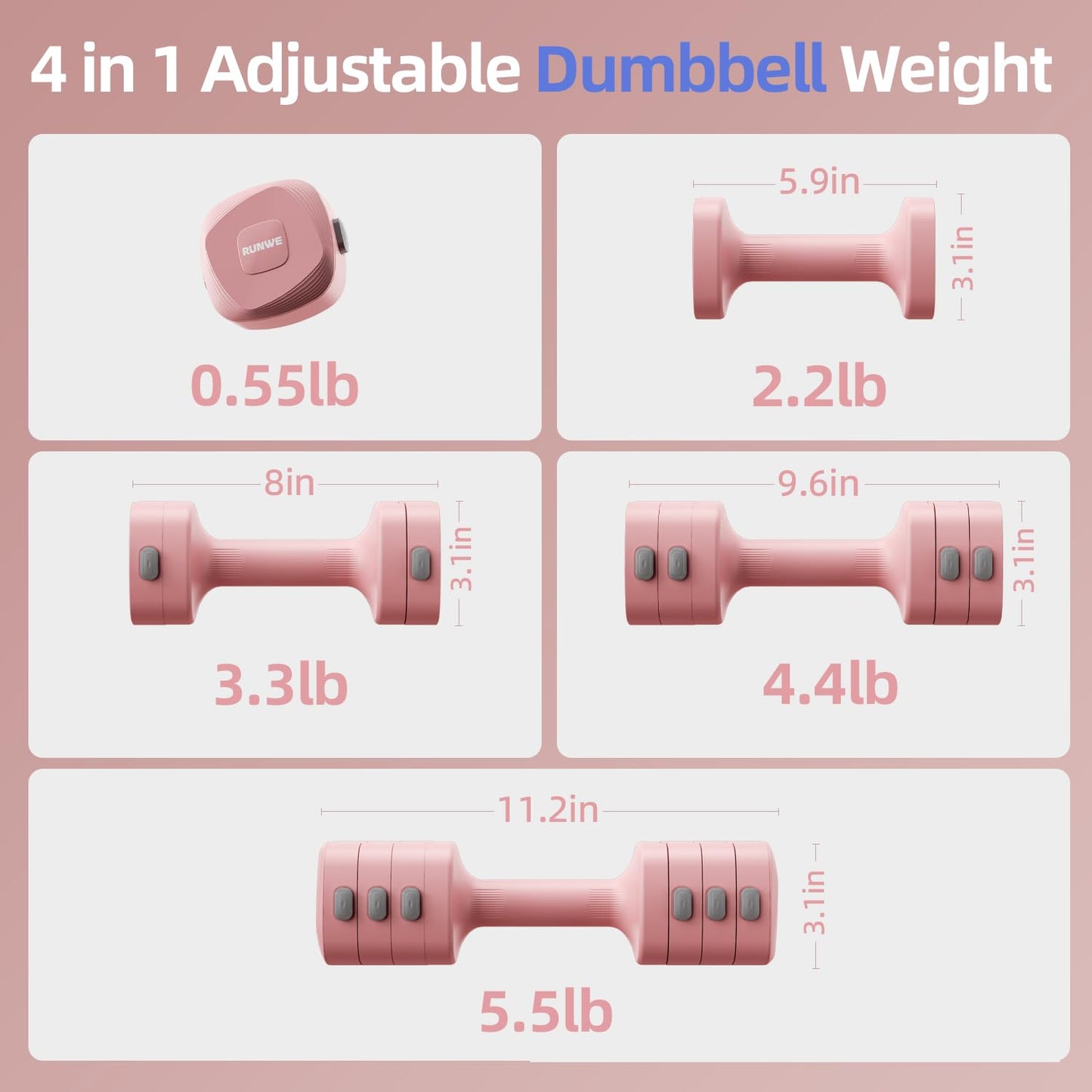 Lightweight Adjustable Dumbbell Kettlebell Set - 4 in 1 Free Weight Set with Kettlebell Grip Converter, Each 2.2 3.3 4.4 5.5lb Quick Change Weight Women Dumbbell Set for Small Spaces Home Gym