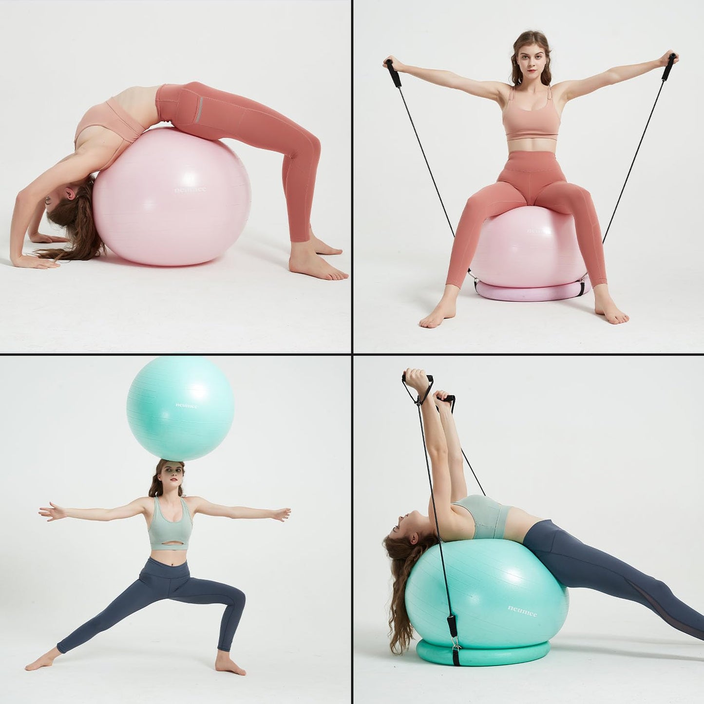 NEUMEE Exercise Ball Chair with Resistance Bands, Yoga Ball Office Chair with Stability Base for Home Gym, Workout Ball for Fitness, Large Size 65 cm (Pink)