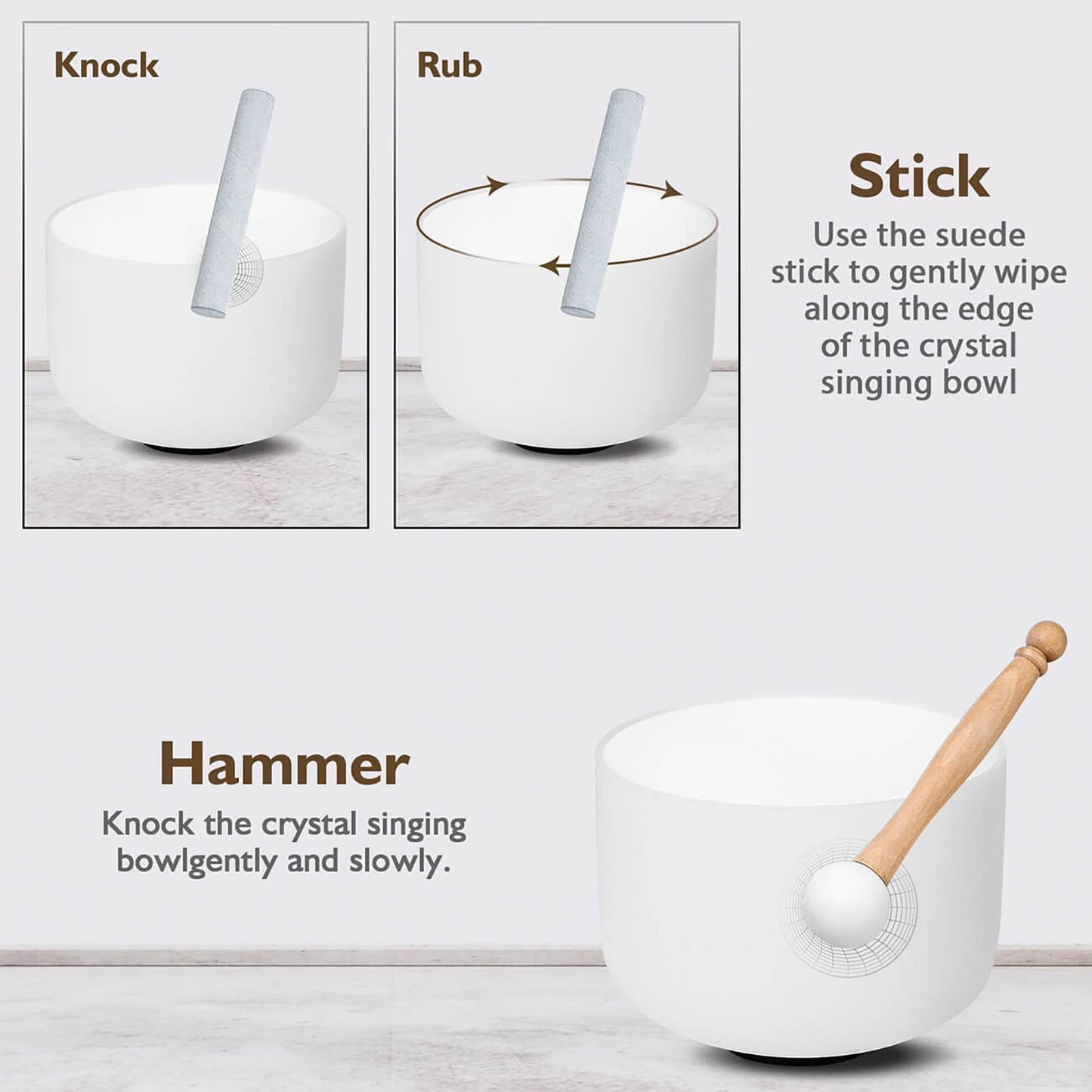 CALM CLANG 8 Inch A Note 432hz Third Eye Chakra Crystal Singing Bowl Healing Pure White with Carrying Case and Rubber Mallet Suede Strikers Oring