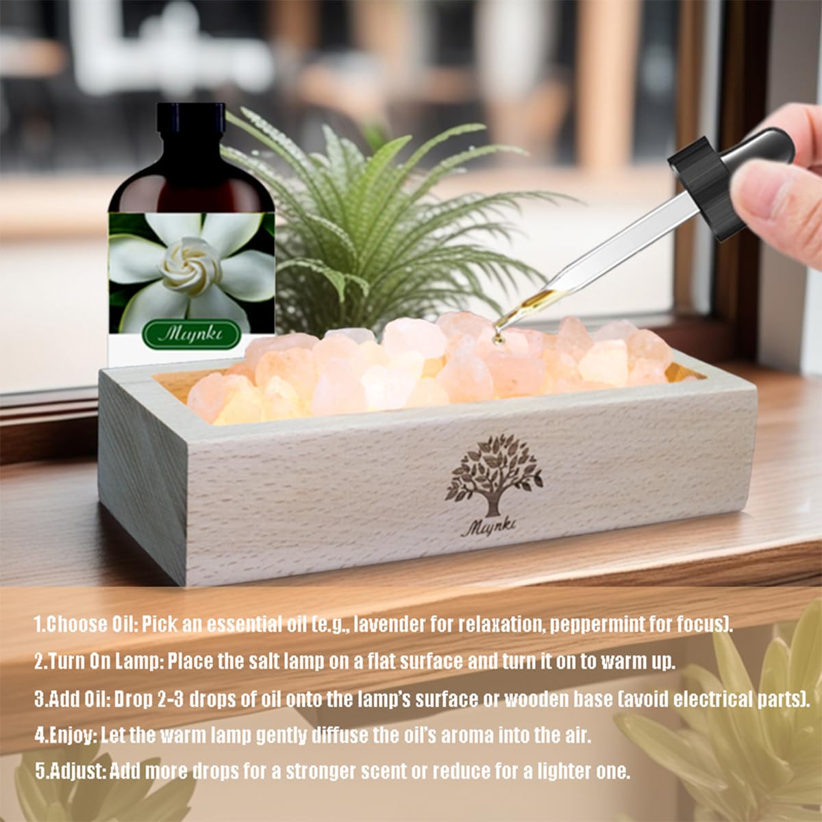 mlynkl Himalayan Salt Lamp Diffuser - 300g Pink Salt with Wood Base, USB Powered, Warm Light for Aromatherapy, Relaxation, Meditation, Home Decor, Gifts