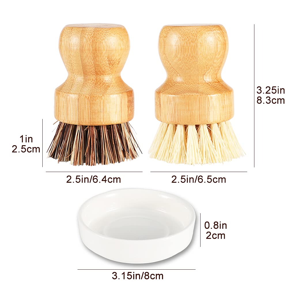 SUPERWASH PLUS Bamboo Brush Dish Scrubber Clean Pan and Vegetable, Natural Bristles Palm Pot Brush 2 Pack Round Mini Dish Brush with 2 Ceramic Dish for Kitchen Sink Cleaning