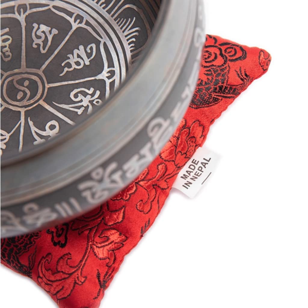 Tibetan Singing Bowl Set Authentic – Handmade in Nepal Sound & Meditation Bowl – Spiritual Decor for Yoga, Wellness Spaces & Relaxation by Himalayan Bazaar (Brown & Red)
