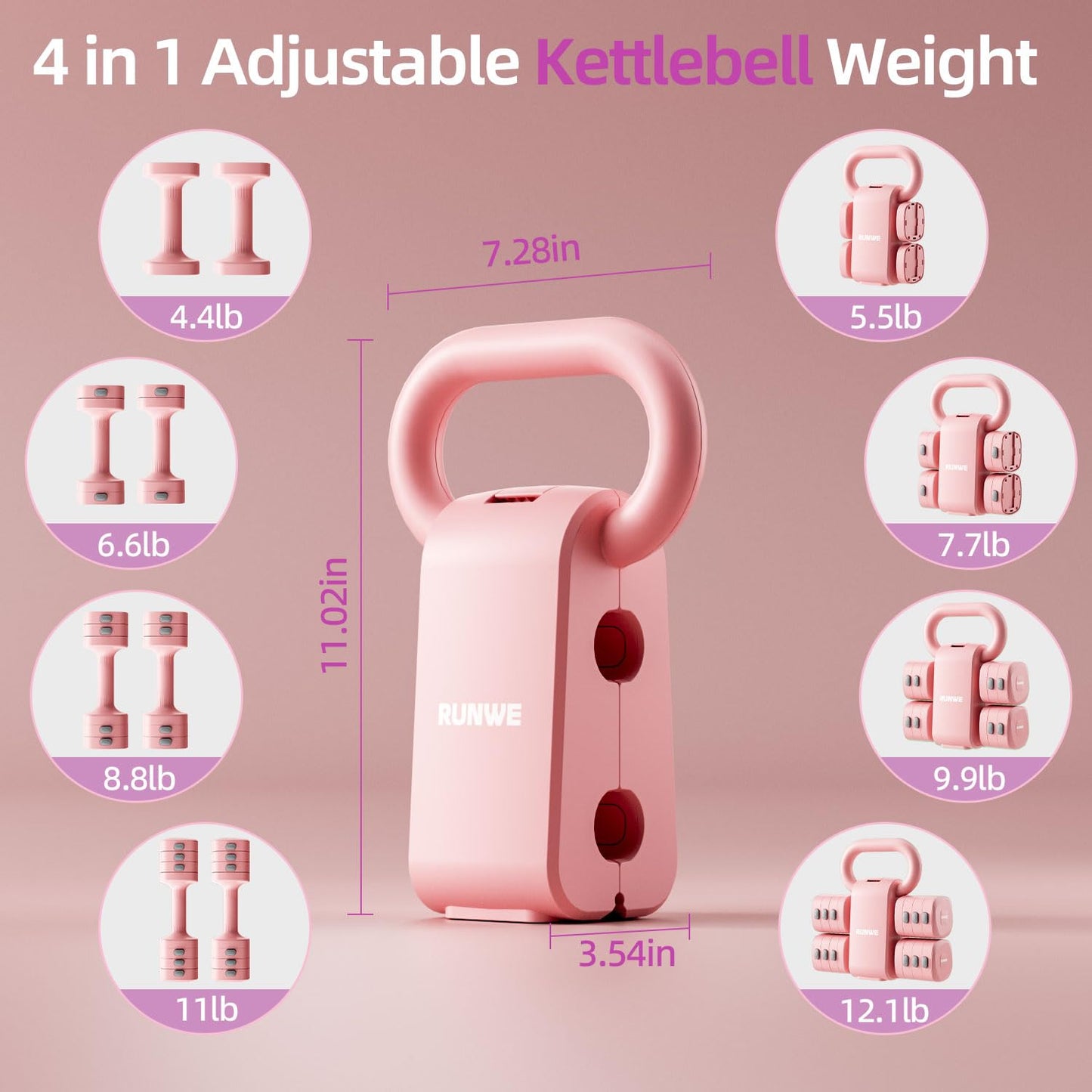 Lightweight Adjustable Dumbbell Kettlebell Set - 4 in 1 Free Weight Set with Kettlebell Grip Converter, Each 2.2 3.3 4.4 5.5lb Quick Change Weight Women Dumbbell Set for Small Spaces Home Gym