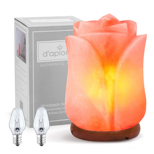 d'aplomb 100% Authentic Natural Himalayan Salt Lamp;Hand Carved Flower Rose Crystal Rock Salt from Himalayan Mountains; Dimmer Cord (Pink Flower)
