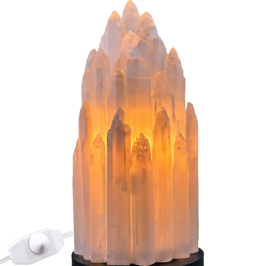 Handcrafted Selenite Lamp Salt Lamp Natural Crystal Light for Relaxation Table Lamp Salt Rock Night Light with Dimmer Switch for Bedroom, Yoga Room, Healing Meditation Decor White
