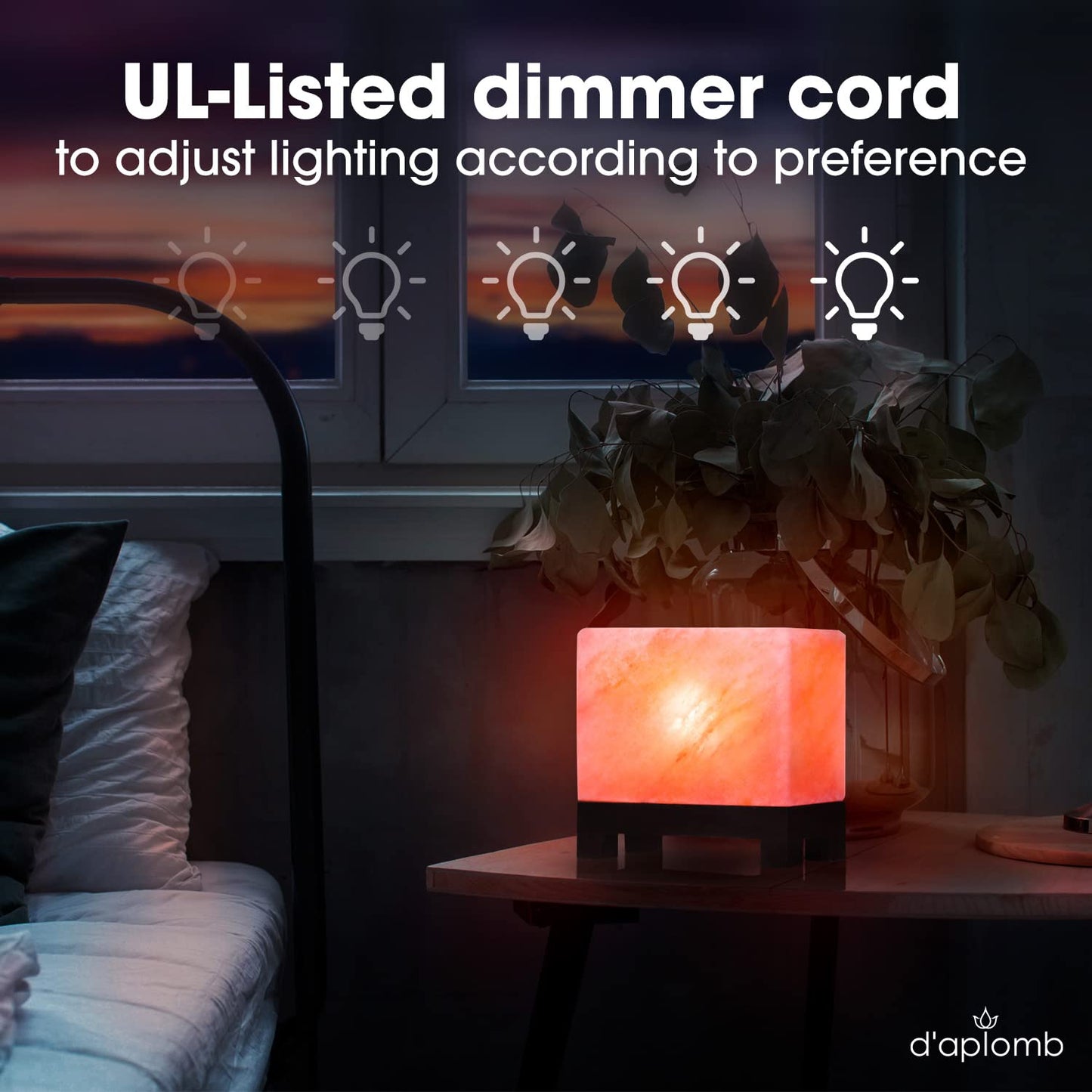 d'aplomb 100% Authentic Natural Himalayan Salt Lamp;Hand-Carved Modern Rectangle Rare Pink Crystal Rock Salt from The Himalayan Mountain; Footed Wood Base, Dimmer Cord; 11.5 lbs