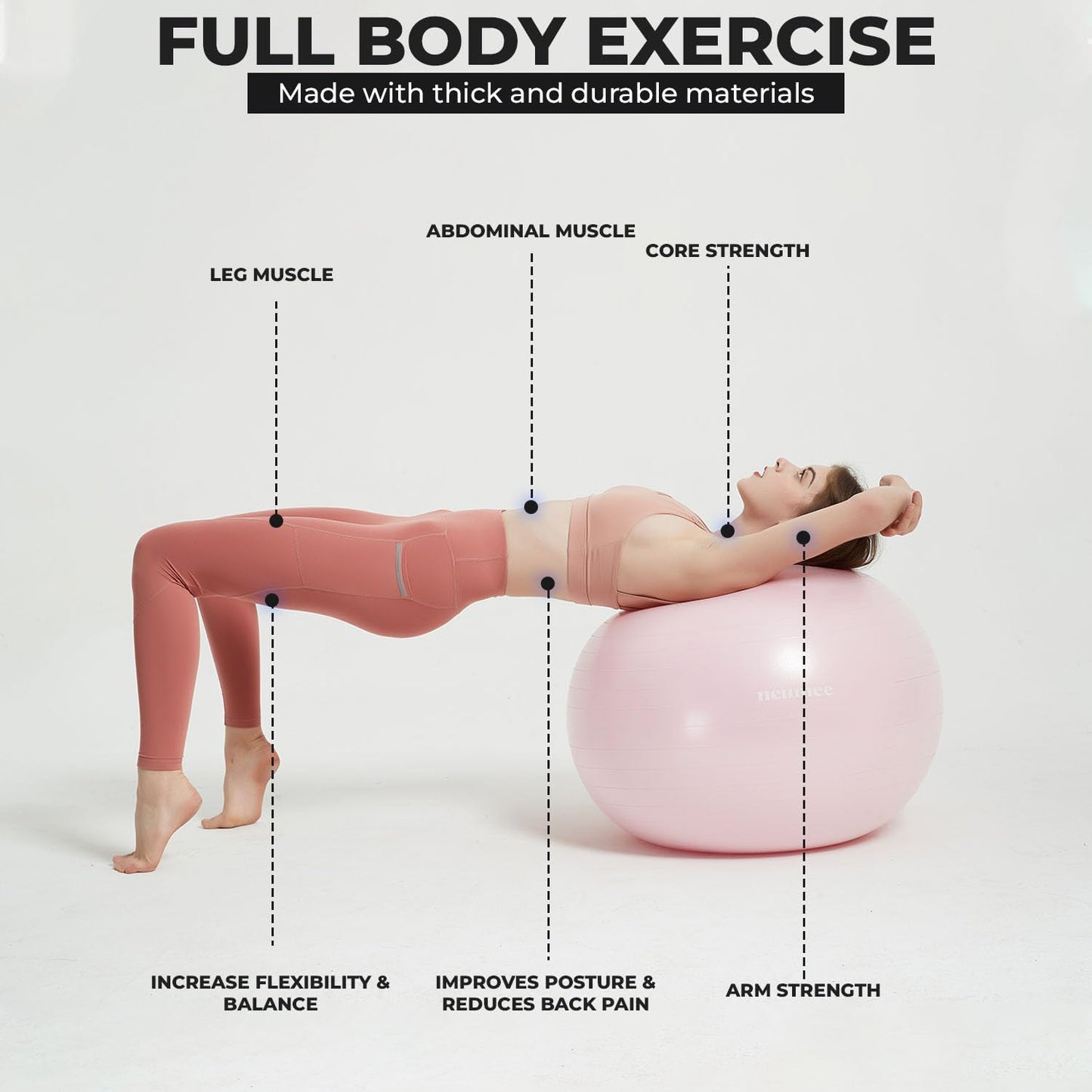 NEUMEE Exercise Ball Chair with Resistance Bands, Yoga Ball Office Chair with Stability Base for Home Gym, Workout Ball for Fitness, Large Size 65 cm (Pink)