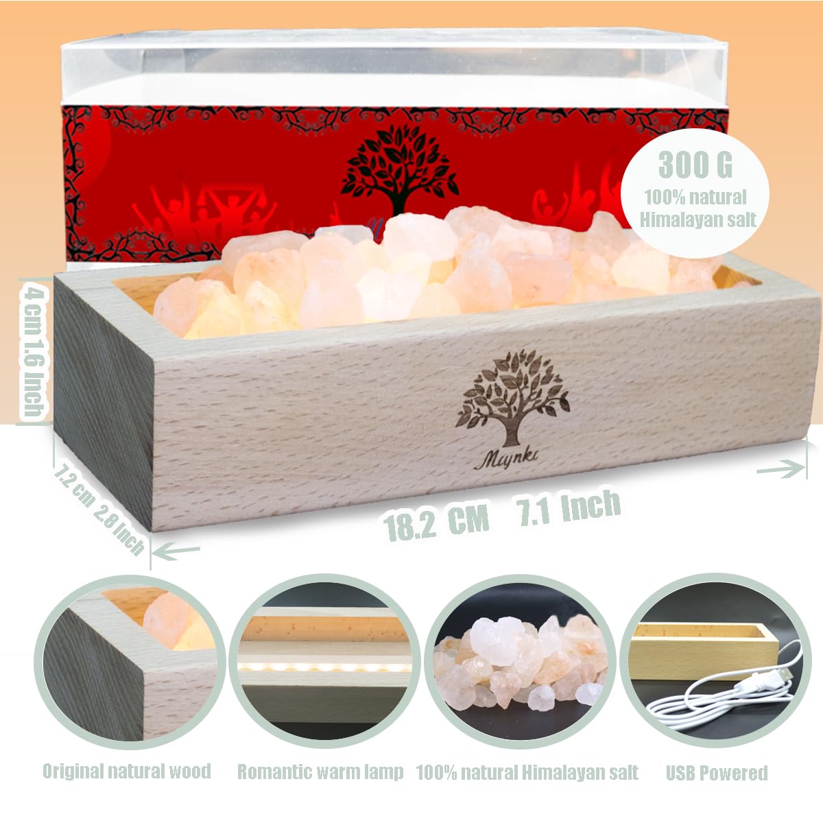 mlynkl Himalayan Salt Lamp Diffuser - 300g Pink Salt with Wood Base, USB Powered, Warm Light for Aromatherapy, Relaxation, Meditation, Home Decor, Gifts