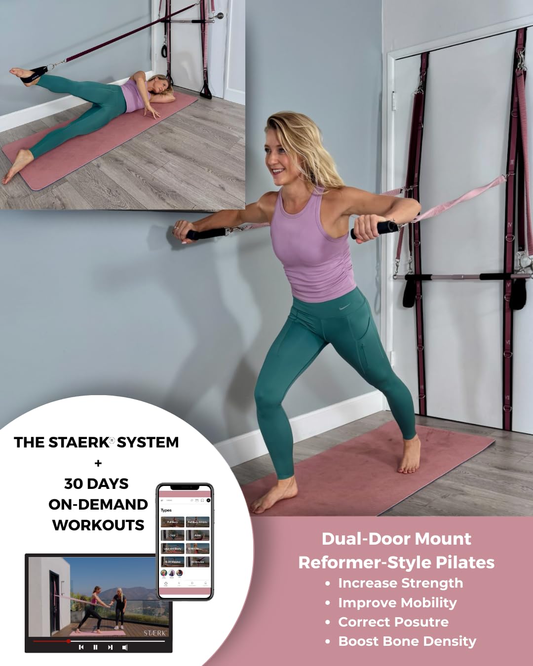 STAERK Portable Pilates Reformer Home Training System - Premium Resistance Bands, Handles, Foot/Ankle Loops, & Barre Attachment Kit - Strength & Flexibility - 30-Day Free On Demand Video Workouts