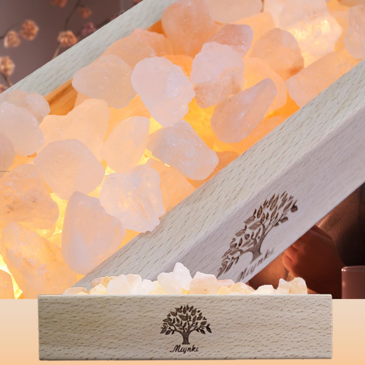 mlynkl Himalayan Salt Lamp Diffuser - 300g Pink Salt with Wood Base, USB Powered, Warm Light for Aromatherapy, Relaxation, Meditation, Home Decor, Gifts