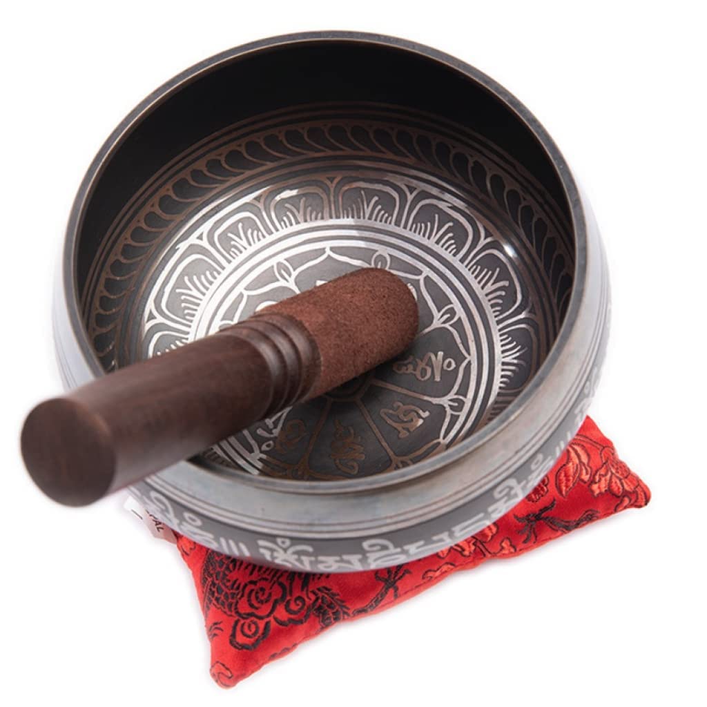 Tibetan Singing Bowl Set Authentic – Handmade in Nepal Sound & Meditation Bowl – Spiritual Decor for Yoga, Wellness Spaces & Relaxation by Himalayan Bazaar (Brown & Red)