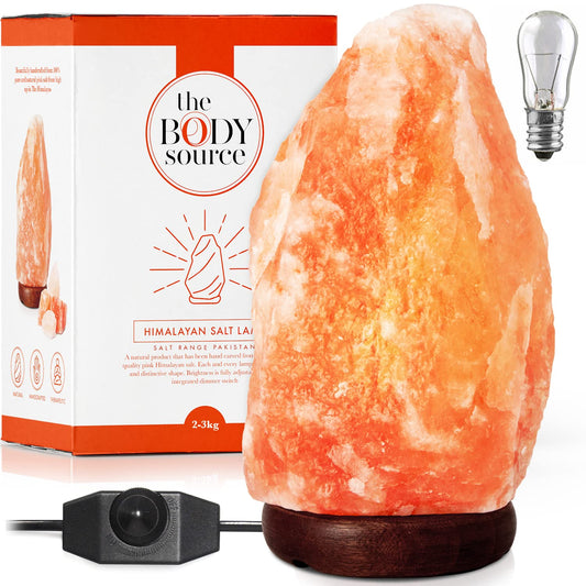 The Body Source Himalayan Salt Lamp 8-10 Inches (7-11lb) | Includes Dimmer Switch | Natural Salt Rock Lamp with Handcrafted Wooden Base & Night Light (Bulb Replacement)