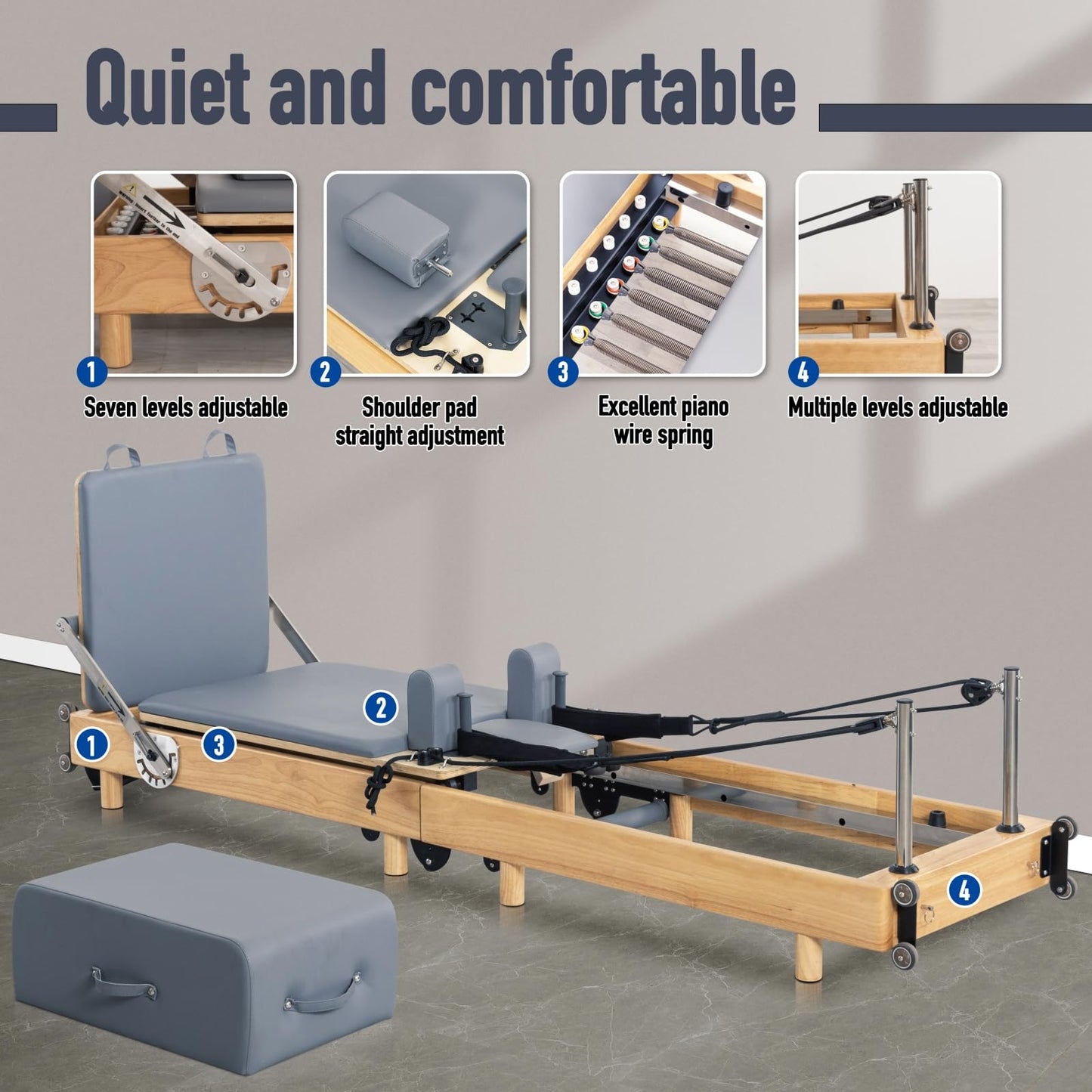 EgnFg Pilates Reformer Machine, Premium Foldable Pilates Reformer, Durable and Quiet, Pilates Equipment for Home Workouts with Reformer Accessories and Reformer Pilates Box (Light Grayish-Blue)