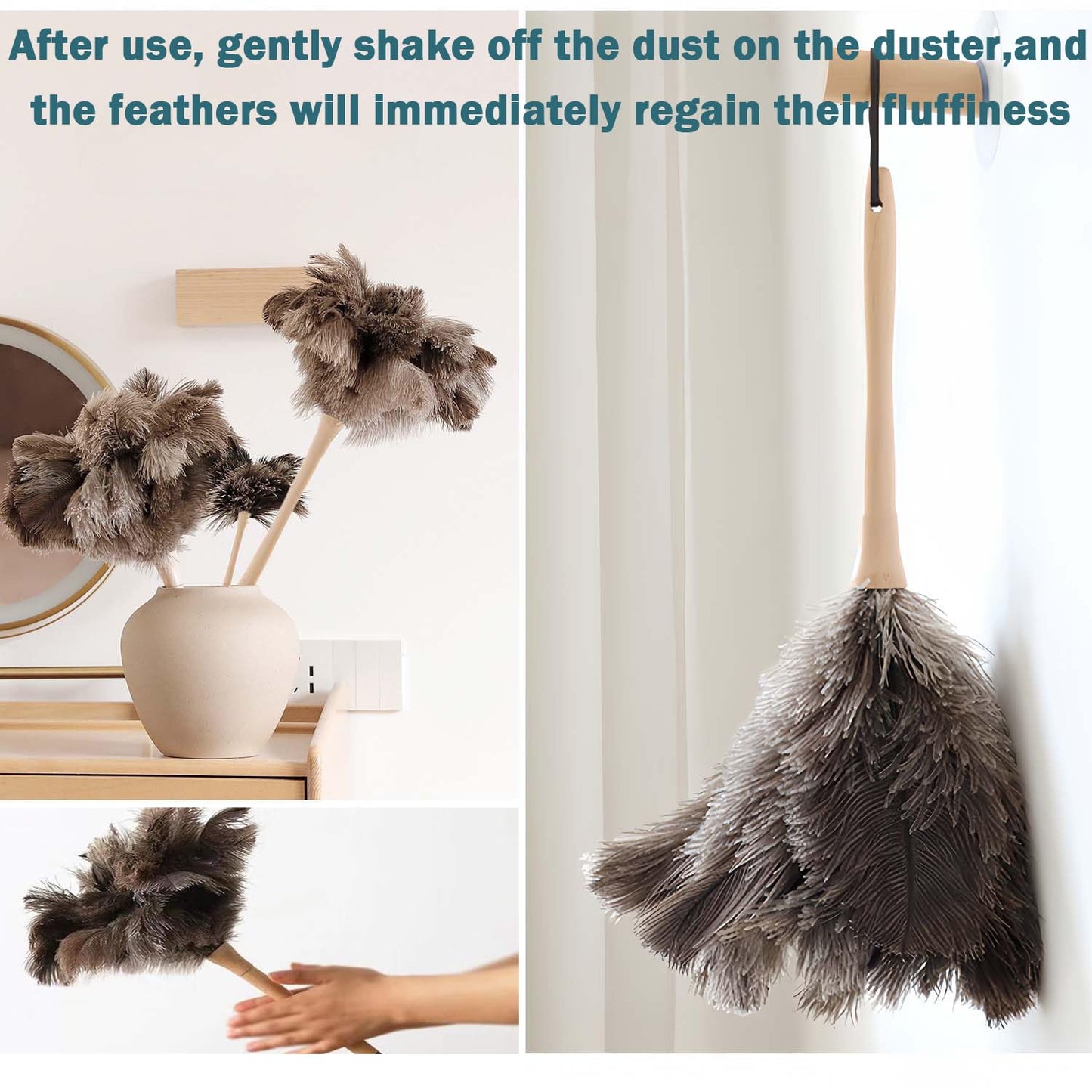 Feather Duster, Feather Dusters for Cleaning Ddzmz Fluffy Natural Genuine Ostrich Feathers with Wooden Handle Reusable Handheld Ostrich Feather Duster Cleaning Supplies, Gray and Brown(Length 16")