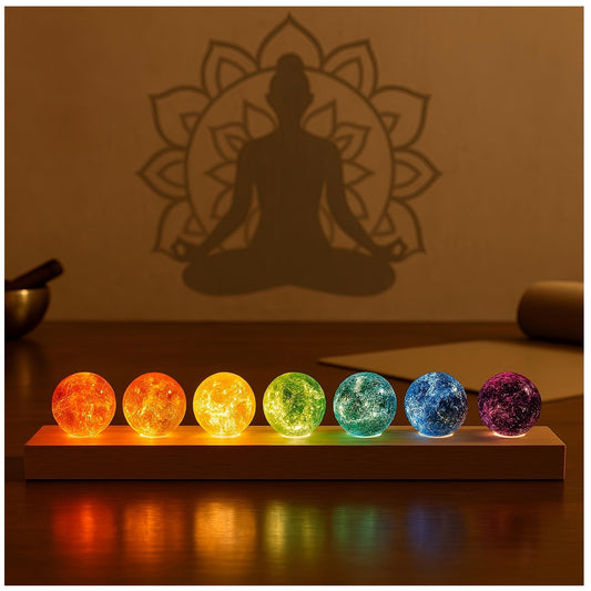 7 Chakra Healing Crystals with LED Wooden Stand – 40mm Natural Gemstone Spheres for Meditation, Reiki, Energy Balance, Night Light & Spiritual Gift for Women Home Decor