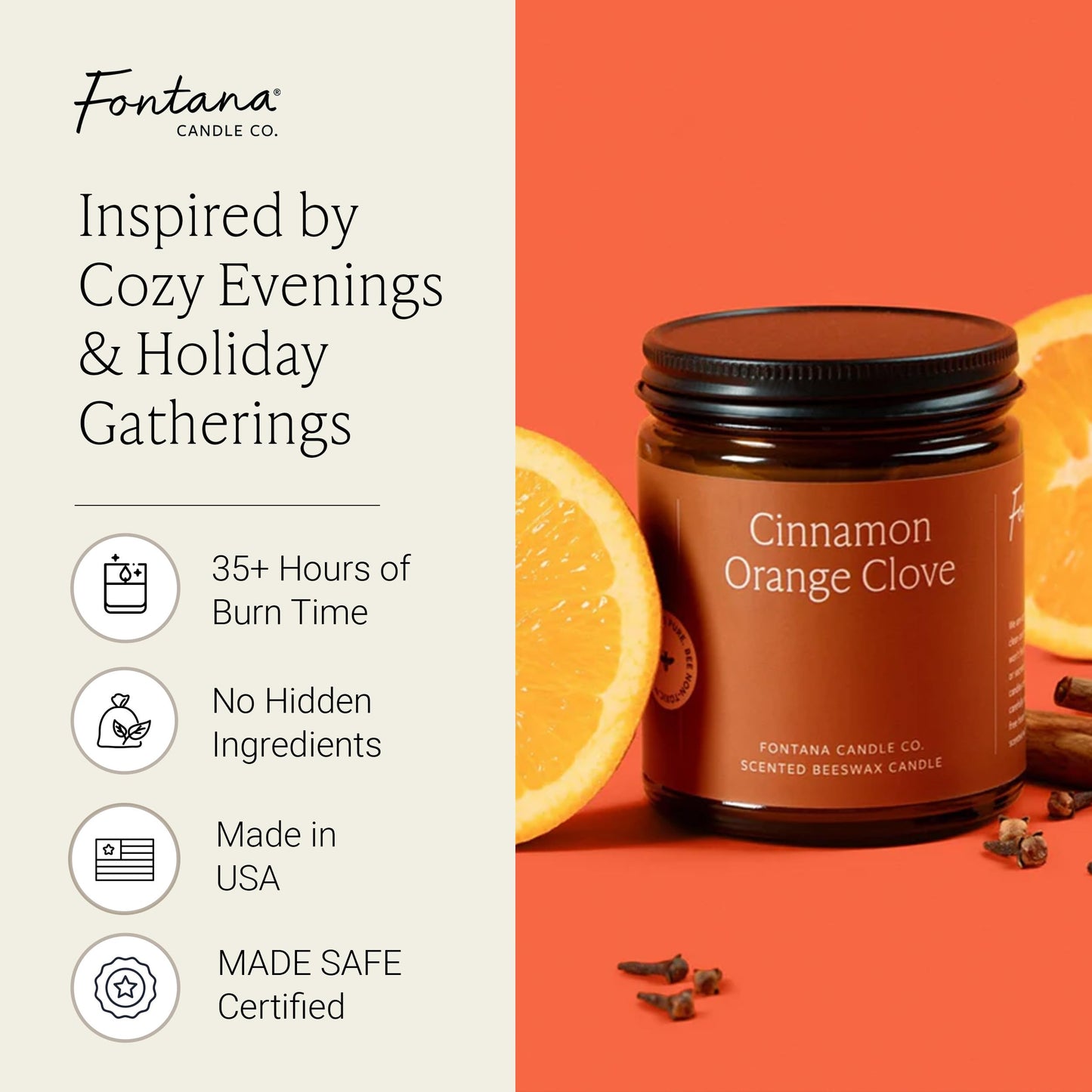 Fontana Candle Co Wood Wick Beeswax Jar Candle, Cinnamon Orange Clove - Made with Coconut Oil & Pure Essential Oils – Clean Burn, Long Lasting and Non-Toxic Candles for Home & Room Decor