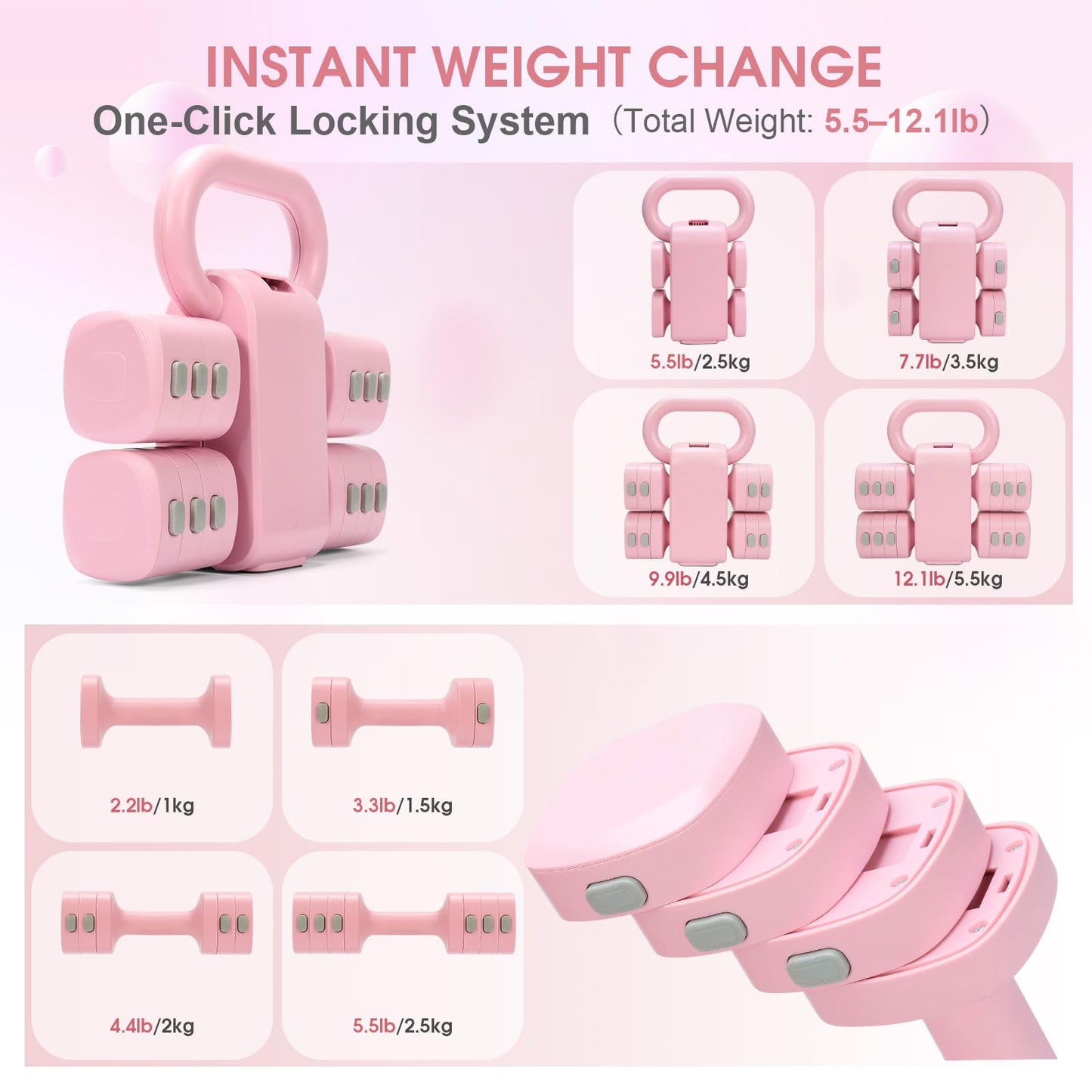 Axiqunel Adjustable 2-in-1 Convertible Kettlebell & Dumbbells Set, 4 in 1 Free Weights Dumbbell Set of 2, Each 2.2 3.3 4.4 5.5lb Quick Change Women Dumbbell Set for Home Exercise Training(Pink)