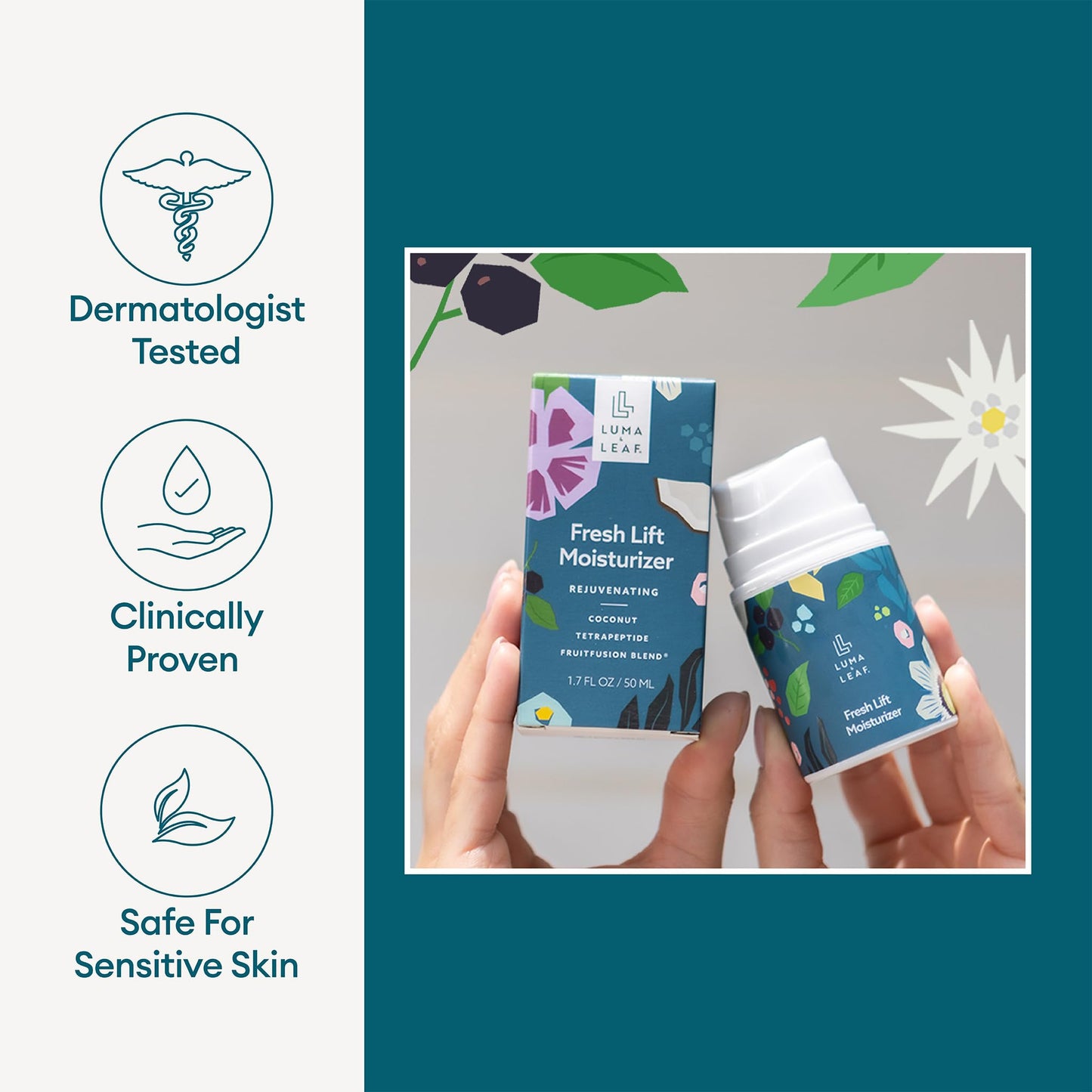 LUMA & LEAF Fresh Lift Facial Moisturizer, 1.7 FL Oz – Anti Aging Face Cream with Hyaluronic Acid & Tetrapeptide, Collagen Booster to Firm, Smooth Wrinkles & Hydrate Sensitive Skin