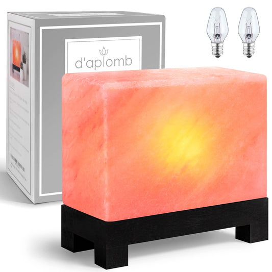 d'aplomb 100% Authentic Natural Himalayan Salt Lamp;Hand-Carved Modern Rectangle Rare Pink Crystal Rock Salt from The Himalayan Mountain; Footed Wood Base, Dimmer Cord; 11.5 lbs