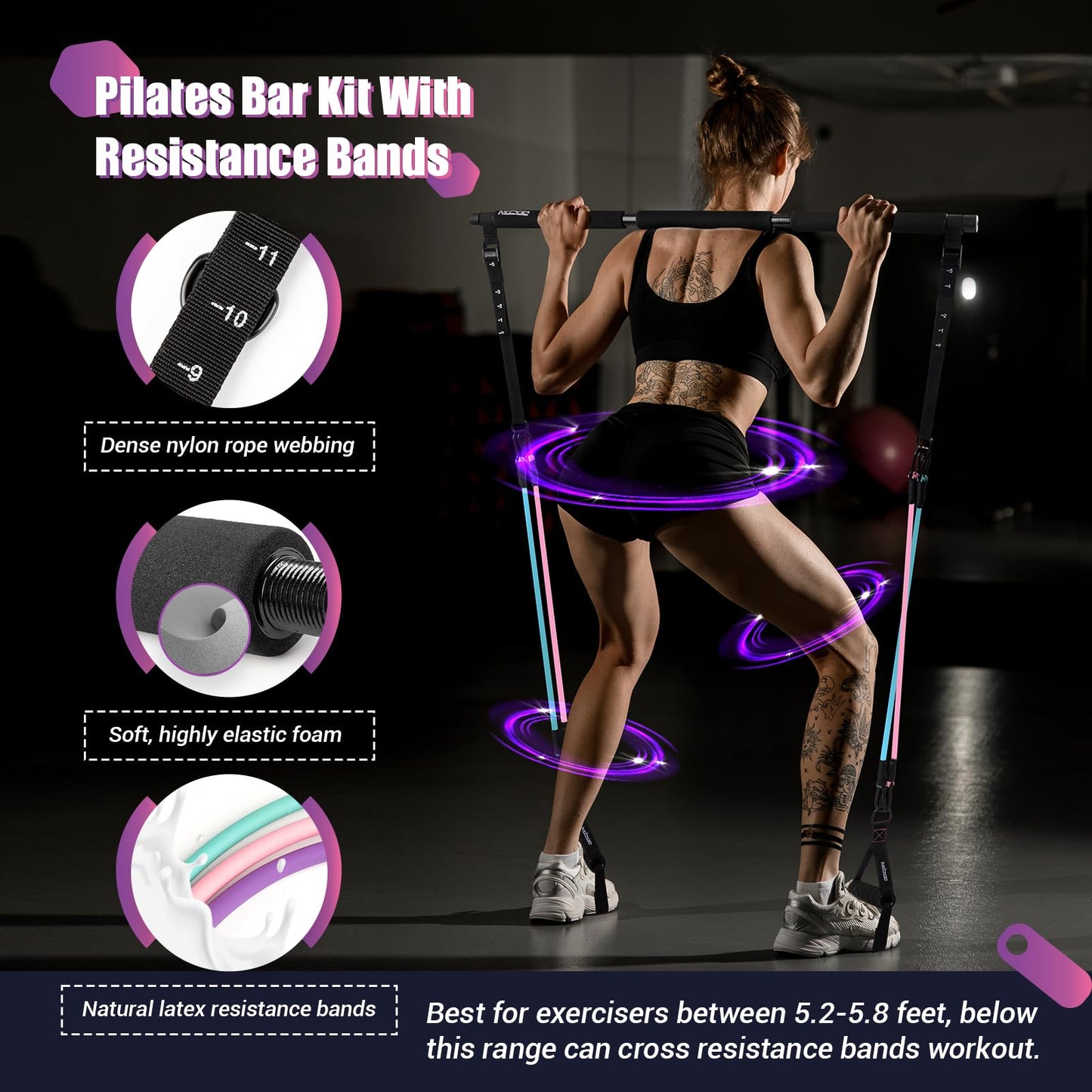 Pilates Bar Kit with Resistance Bands, Multifunctinal Exercise Bar with Ab Roller for Yoga/Abs/Weight Loss, Portable Home Gym Pilates kit for Full Body Training Women - Black