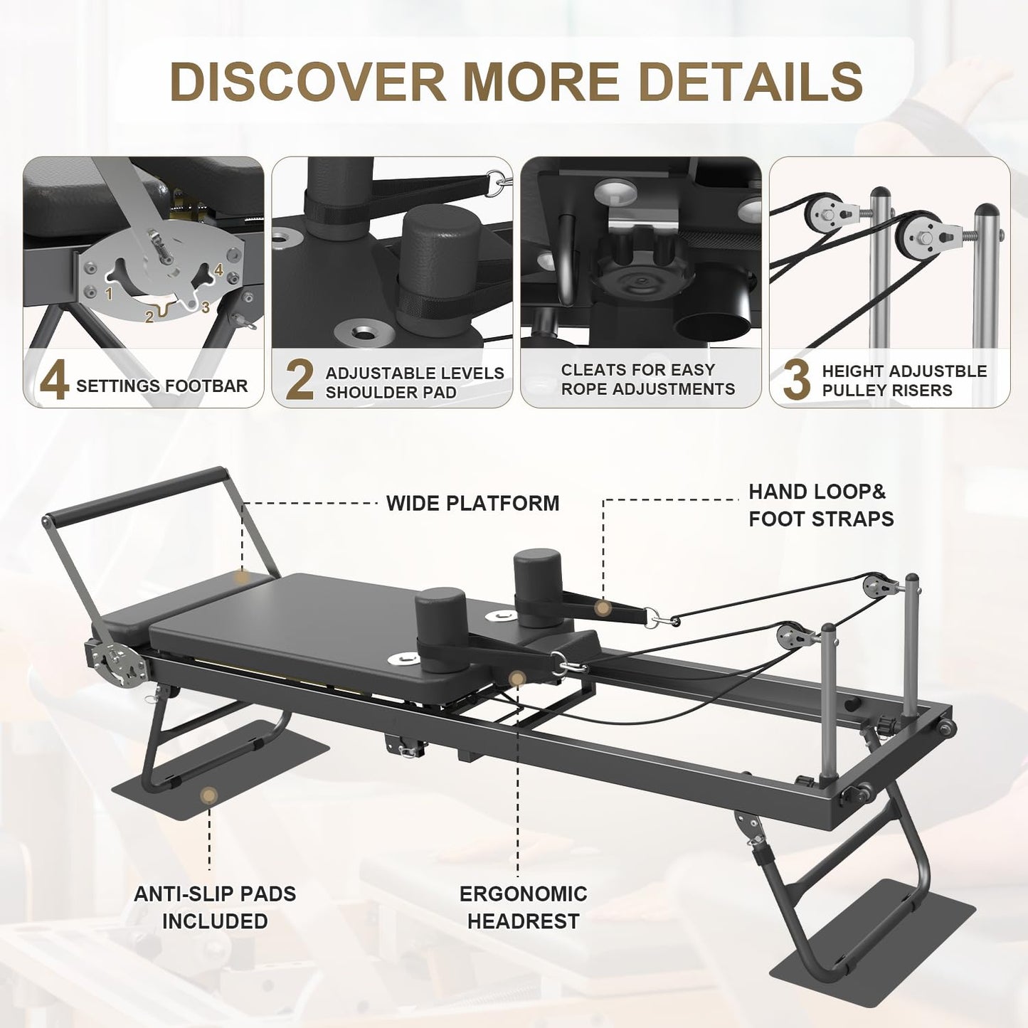Pilates Reformer, Foldable Reformer Pilates Machine & Equipment for Women Home Use Gym Workout & Advanced and Beginners Users, Up to 400 lbs Weight Capacity, Black