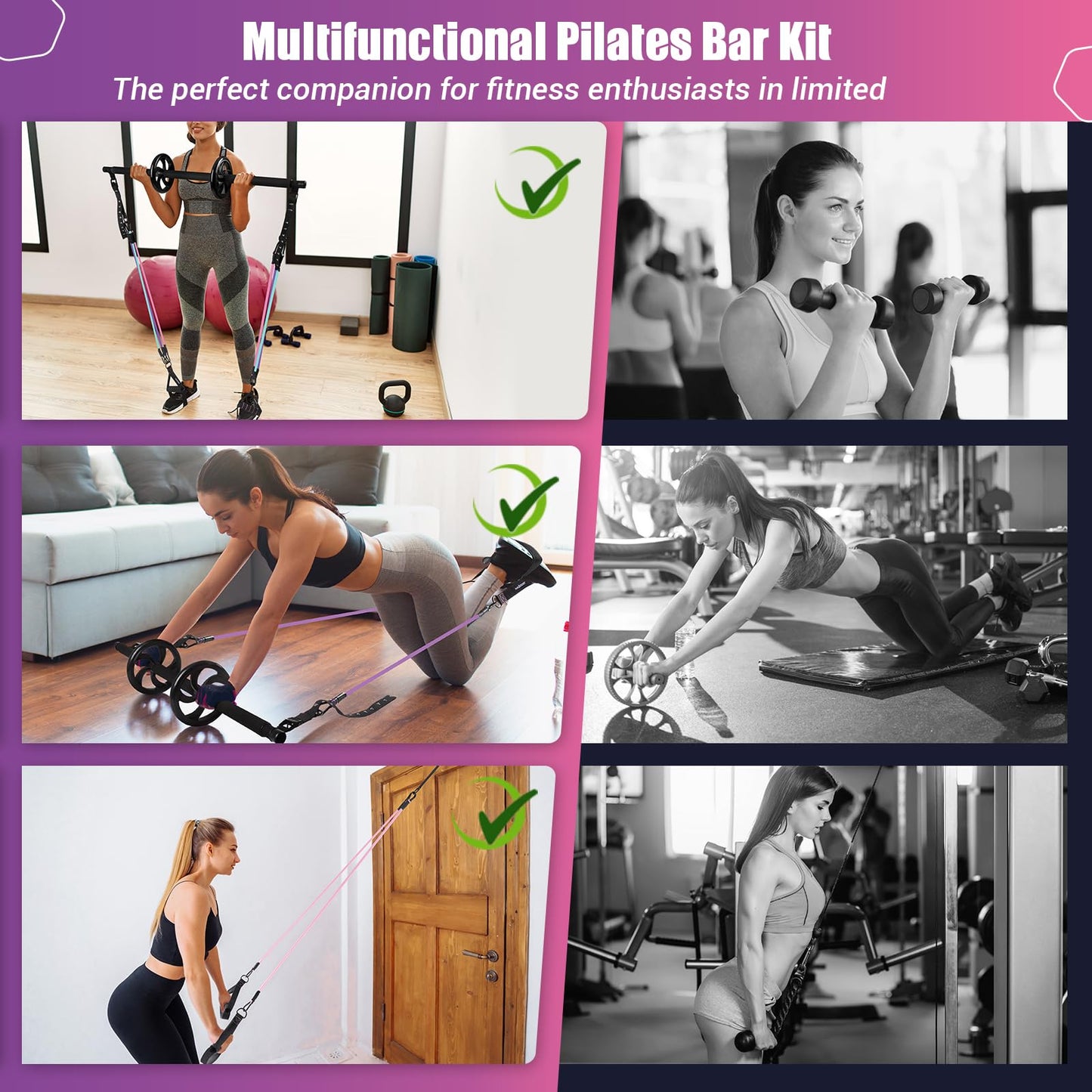 Pilates Bar Kit with Resistance Bands, Multifunctinal Exercise Bar with Ab Roller for Yoga/Abs/Weight Loss, Portable Home Gym Pilates kit for Full Body Training Women - Black
