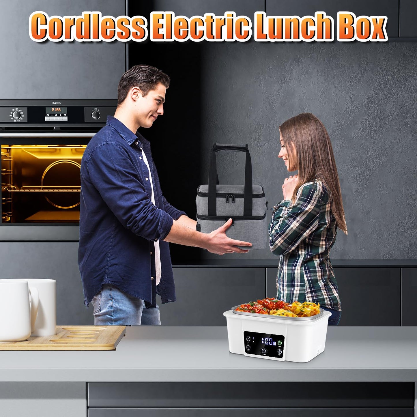Cordless Electric Lunch Box 16,000mAh – Smart Automatic Heating, 1.6L Portable Food Warmer (212°F Max), Rechargeable Battery-Powered Hot Meal Container for Office, Travel & Outdoor