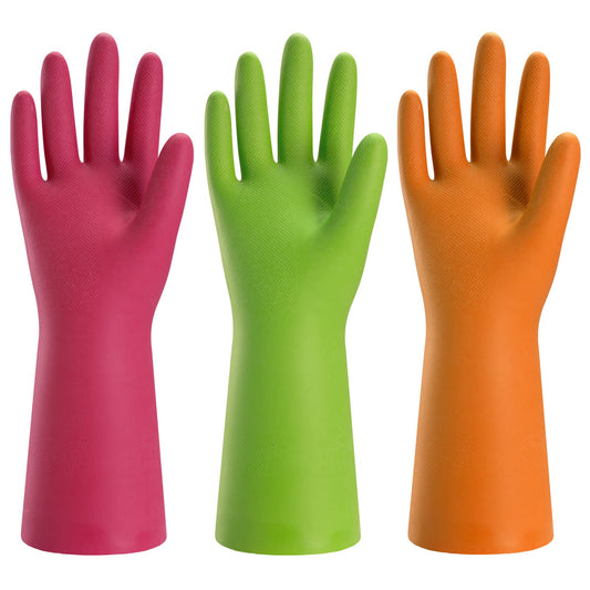 Bamllum 3 Pairs Rubber Cleaning Gloves for Household - Reusable Dishwashing Gloves for Kitchen, Flexible Long-lasting & Waterproof (Medium, Green+Red+Orange)