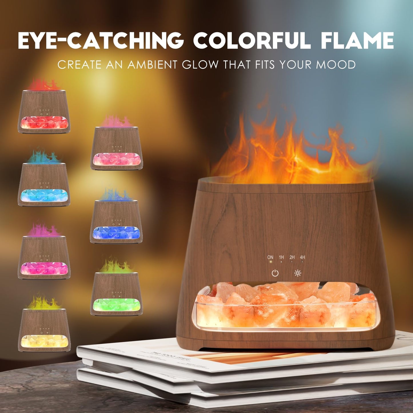 SALKING Colorful Flame Fire Diffuser Humidifier, Himalayan Salt Lamp, 7 Colors Changing Oil Diffuser, Ultra-Quiet Essential Oils Aromatherapy Diffusers for Large Room, Bedroom,150ml (Dark)