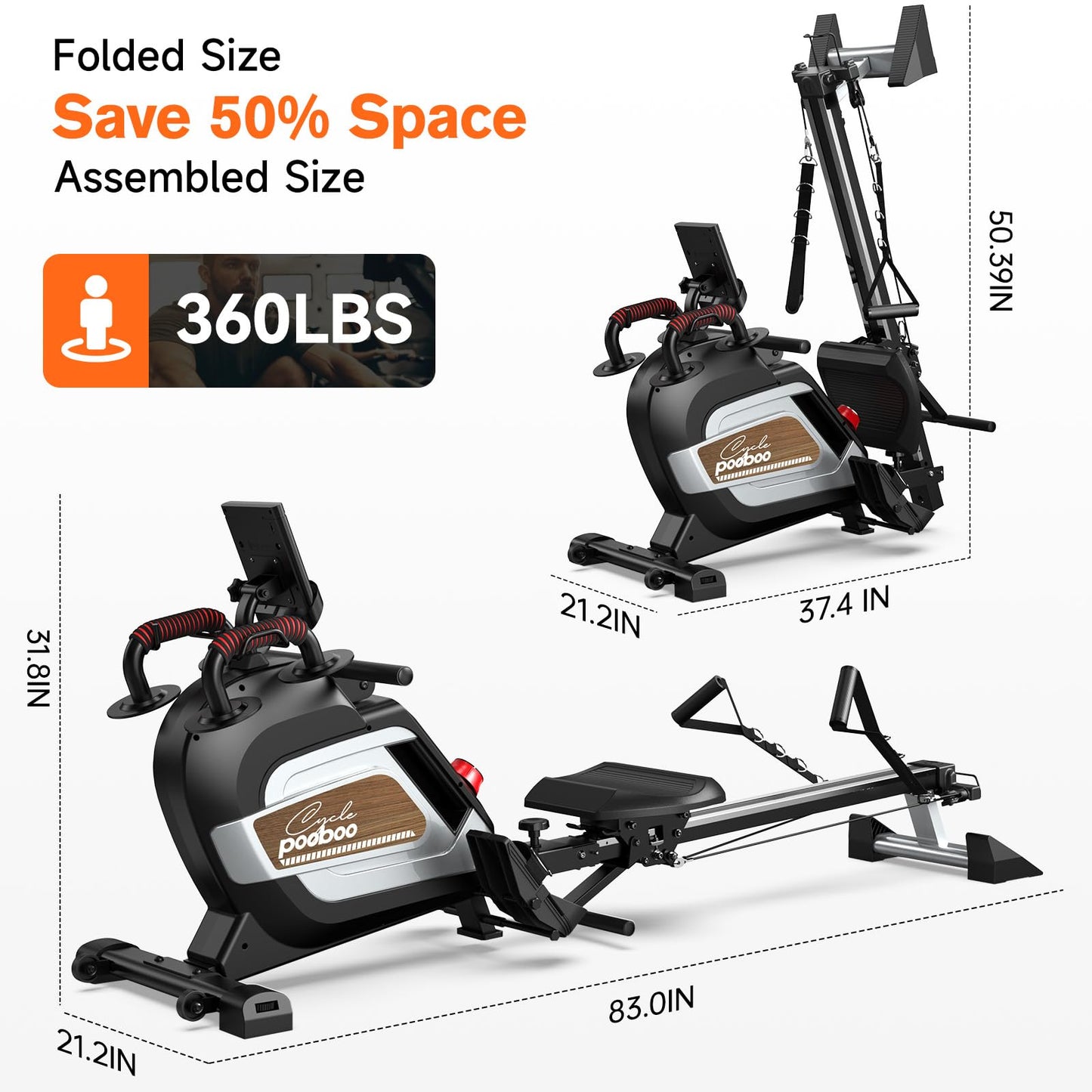 Pooboo Magnetic Rowing Machine 360 LB Weight Capacity, Folding Rower with Combination Strength Exercise, Tablet Holder and Comfortable Seat Cushion, Rower for Home Use