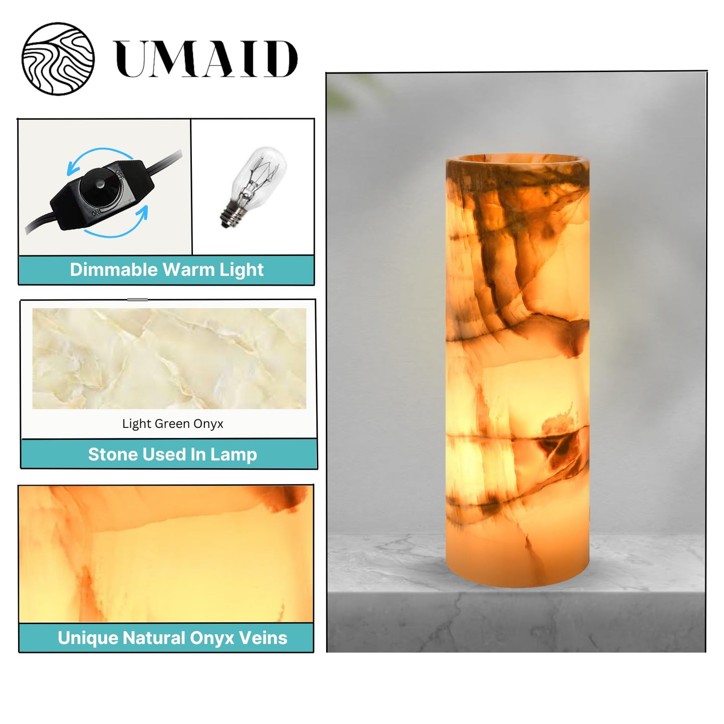 UMAID Handcrafted Onyx Marble Table Lamp, Each Lamp One-of-a-Kind with Natural Patterns, Warm Amber Glow, Dimmable Cord & Bulb, Modern Home Decor for Bedroom, Desk, Office, Living Room, or Bedside